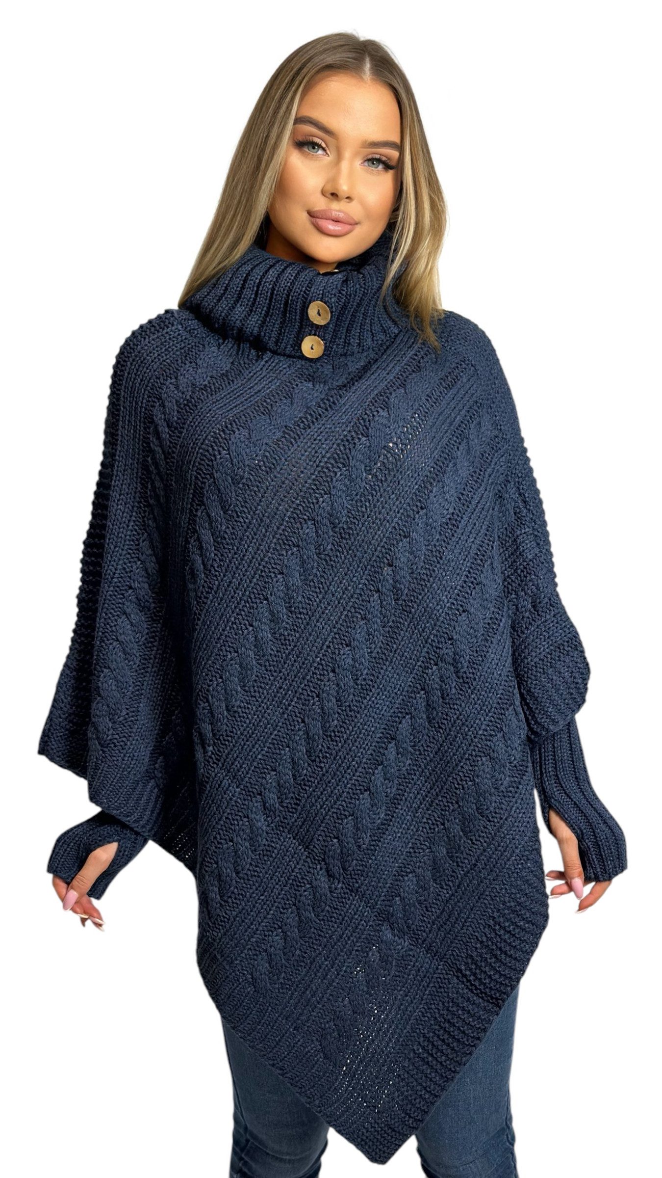 Strickponcho Poncho Strick Sweatshirt Pullover Umhang Überwurf mit Stulpen 3012