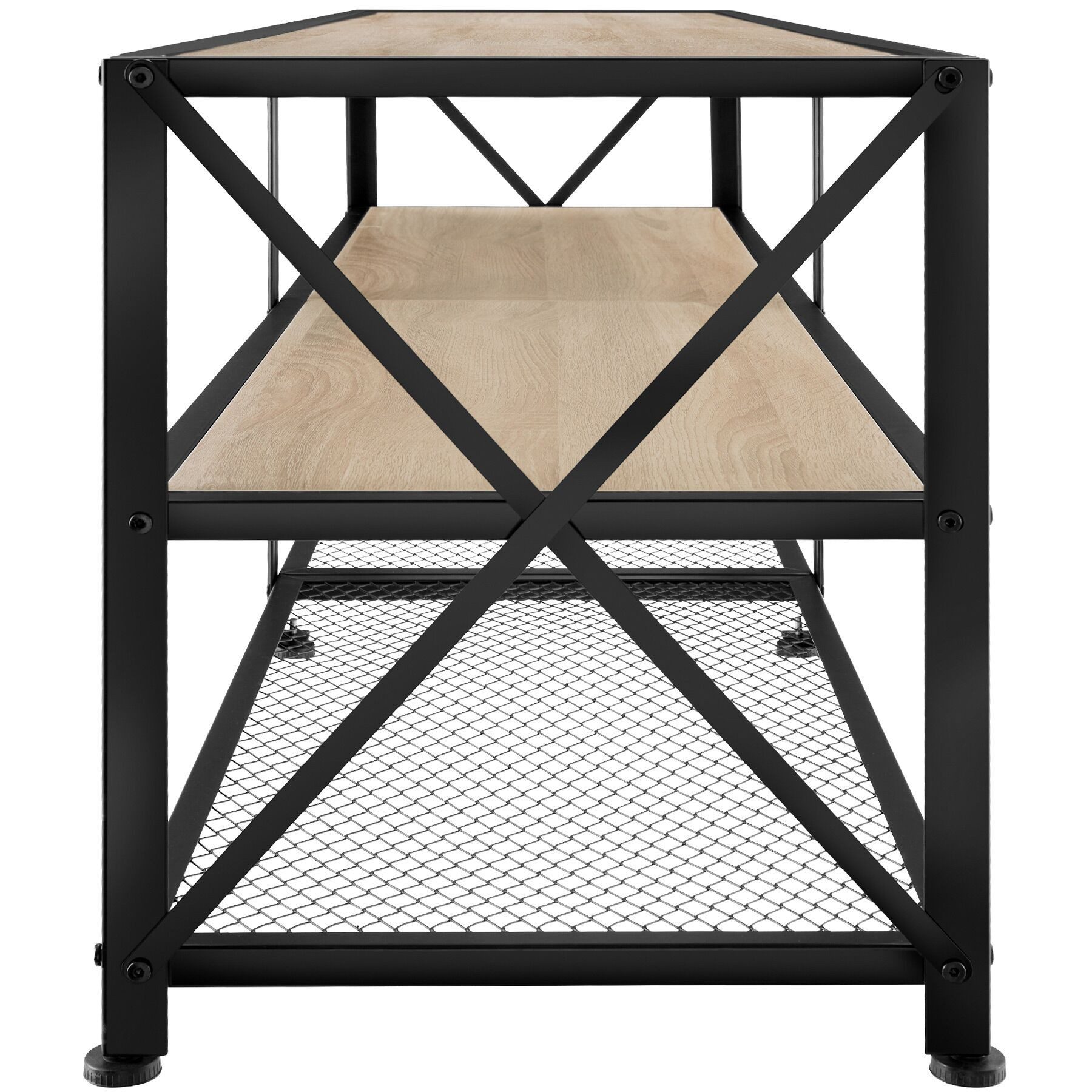 tectake Lowboard TV-Schrank, 141 x 41,5 x 50,5 cm, Industrial Style, Holz und Stahl (Fernsehboard Chicago, in Industrial Holz hell, Eiche Sonoma), 3 offene Etagen, seitliche X-Streben, höhenverstellbare Kunststofffüße