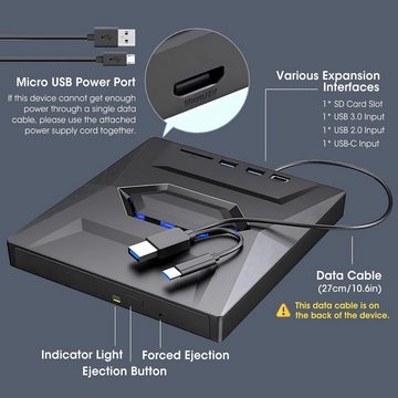 KARLE 5-IN-1 USB-C Externes CD DVD RW VCD Optisches Laufwerk Diskettenlaufwerk (USB 3.0, Tragbarer CD/DVD-Player, Brenner-Rewriter, geräuscharmes Hochgeschwindigkeits-Datenübertragungslaufwerk, DVD 8x/CD 24x, mit SD/TF Ports DVD Brenner CD Brenner Drive für Laptop Notebook PC)