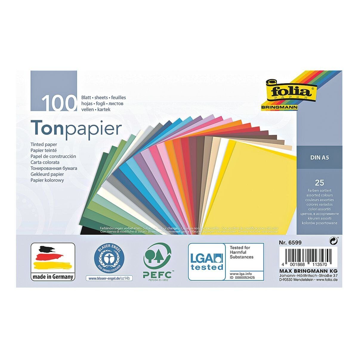 Folia Bastelkartonpapier, Tonpapier in 25 Farben, Format A5, 130g/m², 100 Blatt zitronengelb / bananengelb / weiß / chamois / rehbraun / schokobraun / dunkelrot / hochrot / orange / ocker / rosa / pink / lila / flieder / eisblau / pazifik / königsblau / hellgrau / steingrau / perlweiß / mint / hellgrün / smaragdgrün / tannengrün / schwarz