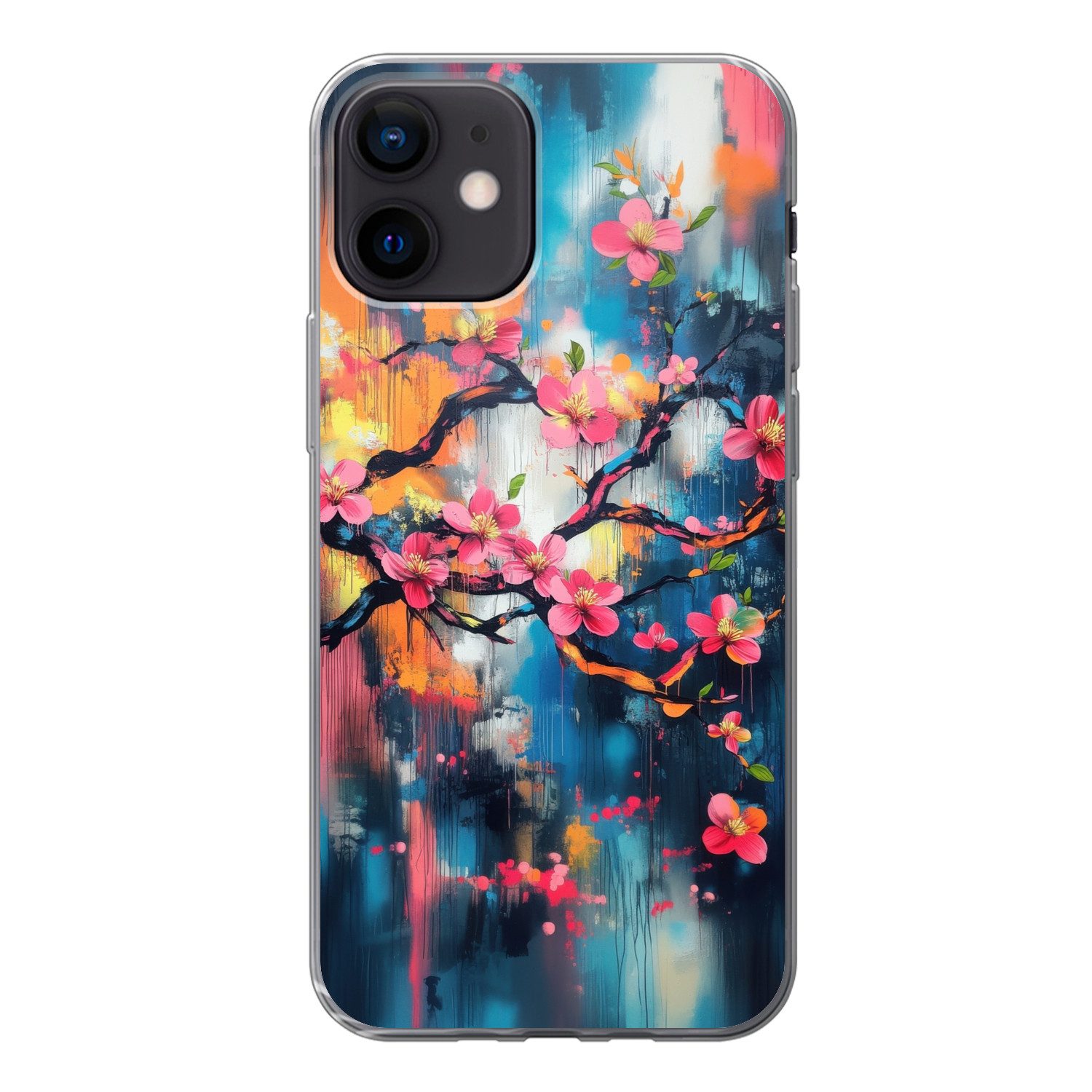 MuchoWow Handyhülle für Apple iPhone 12 Blumen - Zweig - Künstlerisch - Rosa, Smartphone-Bumper, Print, Handy Schutzhülle Dünn