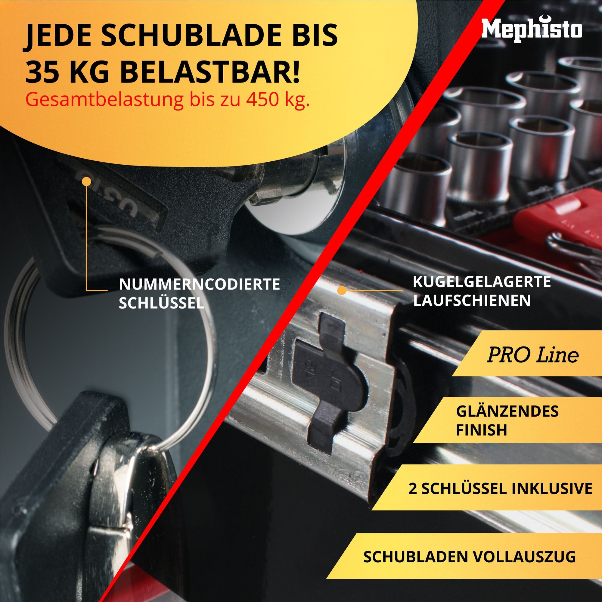 Mephisto-Tools Werkzeugwagen, (umfangreich bestückt), 12 abschließbare Schubladen, Werkzeug ist aus hochwertigem CRV