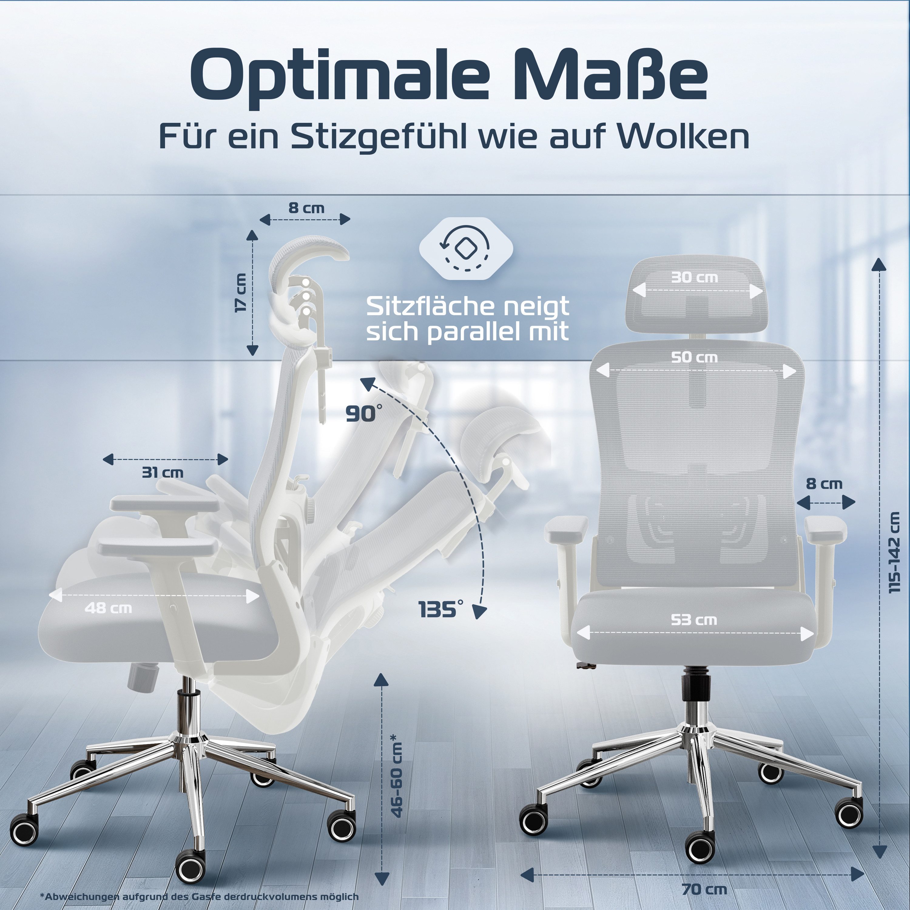 CLOUVOU Bürostuhl Ergonomisch, Schreibtischstuhl bis 150 kg - Testsieger (BrightSeat - Chefsessel für Arbeitszimmer, 2D Armlehne), Blade Wheels, Homeoffice, Gaming Stuhl, Drehstuhl