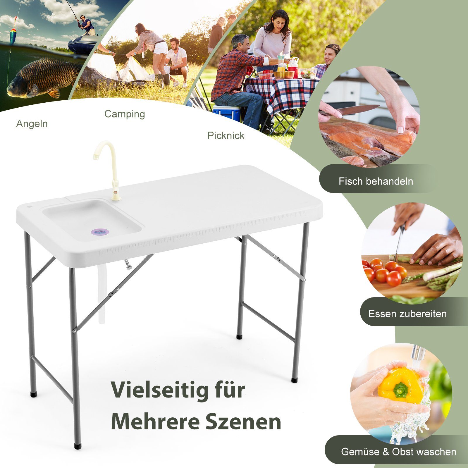 COSTWAY Campingtisch Filetiertisch, tragbar&klappbar, mit Spüle&Wasserhahn günstig online kaufen