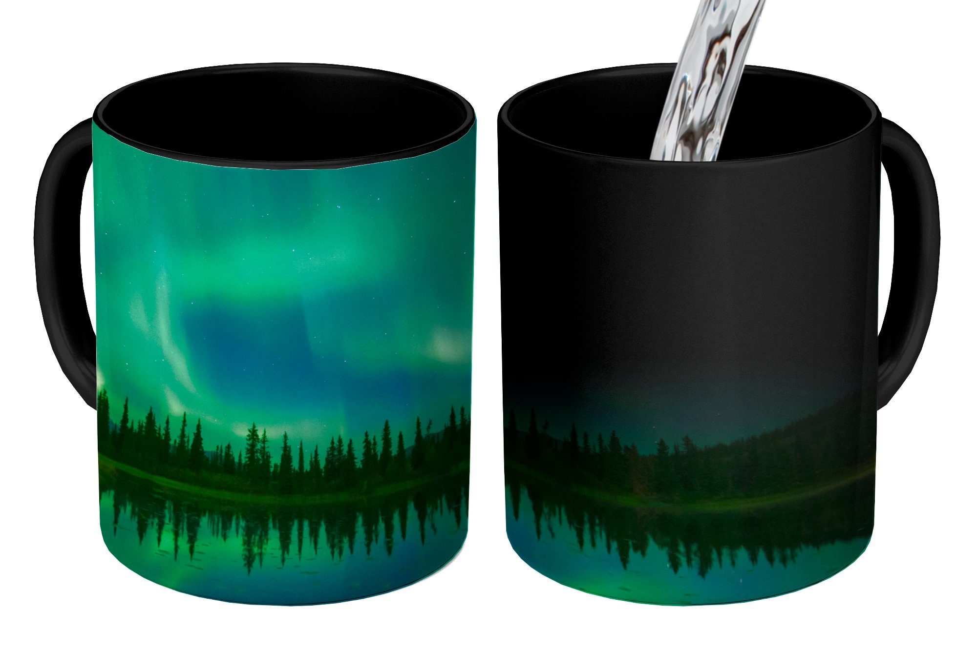 MuchoWow Tasse Nordlicht - Bäume - Wasser - Alaska, 1-tlg., Keramik, Farbwechsel, Kaffee Tassen, Teetasse, Zaubertasse, Geschenk