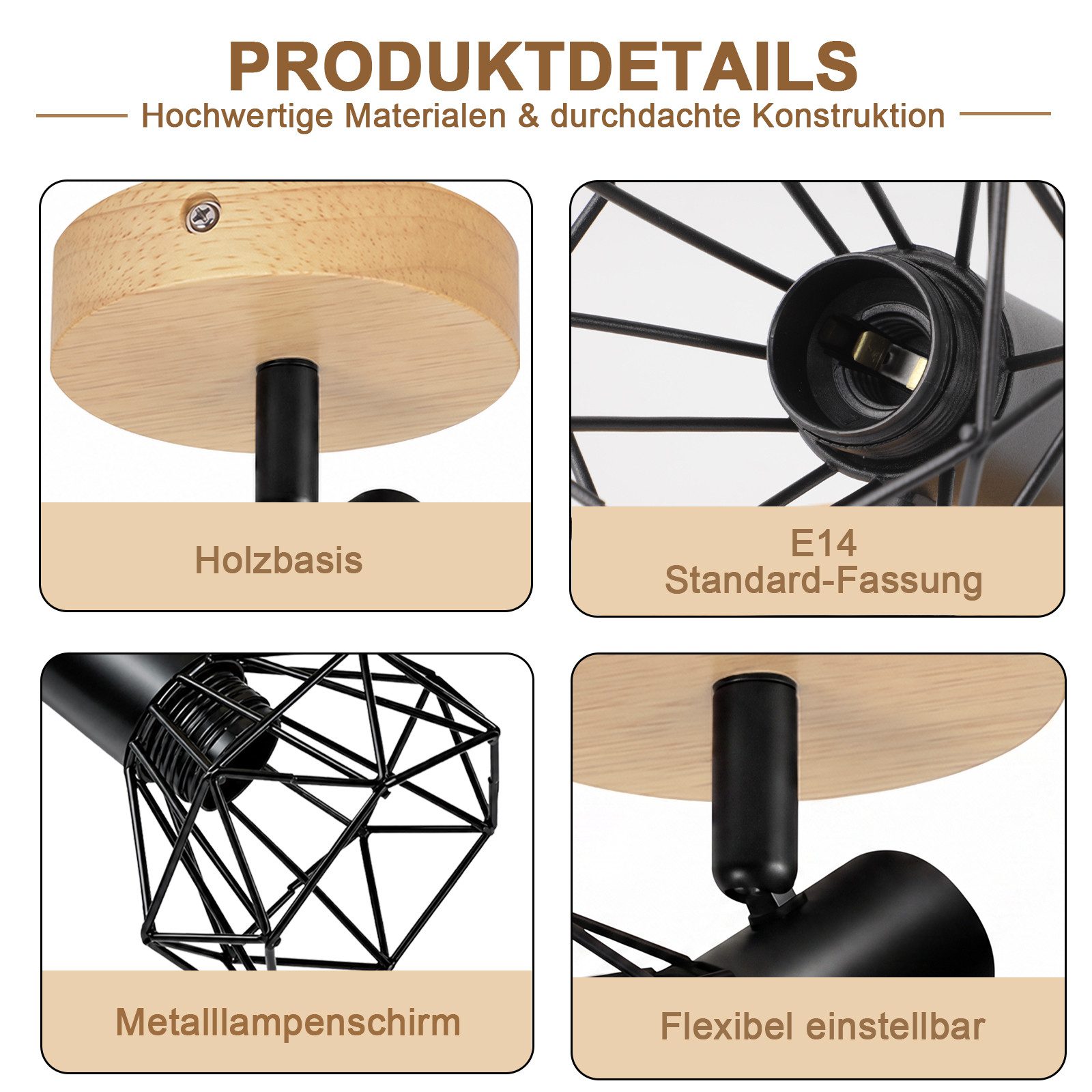 Nettlife Deckenstrahler Retro schwarz 1/2/3/4flammig Holz E14 industrieller Vintage Deckenspot, ohne Leuchtmittel, für Flur Küche Wohnzimmer Retro Deckenleuchte – Bild 5 von 5