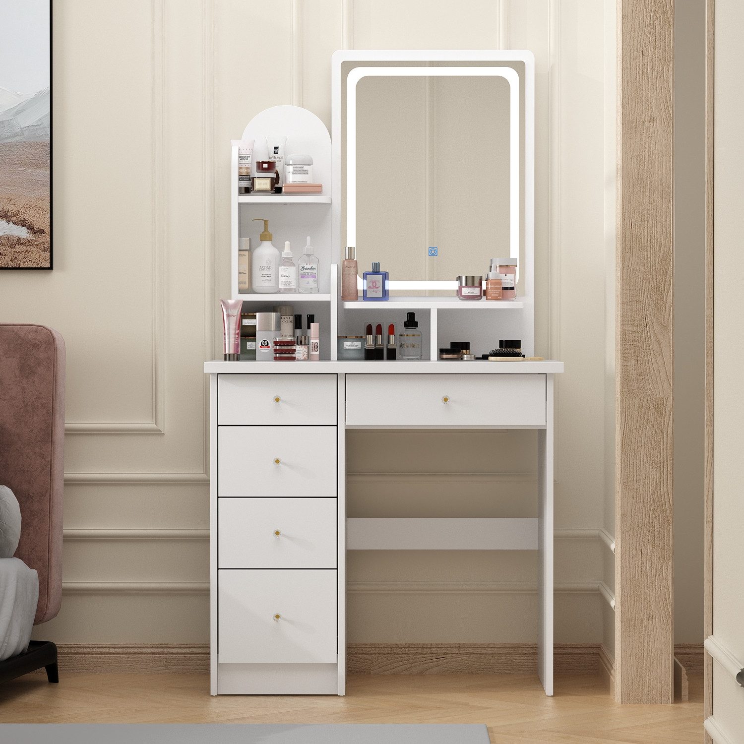 FUFU&GAGA Schminktisch mit LED und Hocker,5 Schubladen,3 offene Fächer, wei günstig online kaufen