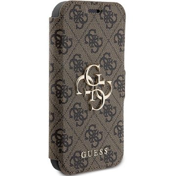 Guess Handyhülle Bookcase Cover iPhone 15 Pro braun Logo goldfarben aufstellbar 6,1 Zoll, Kartenfach