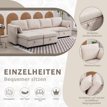 OKWISH Sofa U-förmiges Sektionalsofa mit Lagerung, casual Splicing kann als Doppelbettsofa verwendet werden, Armlehnen ausklappbarer Leinenstoff, extra breites Schlafsofa für das Wohnzimmer