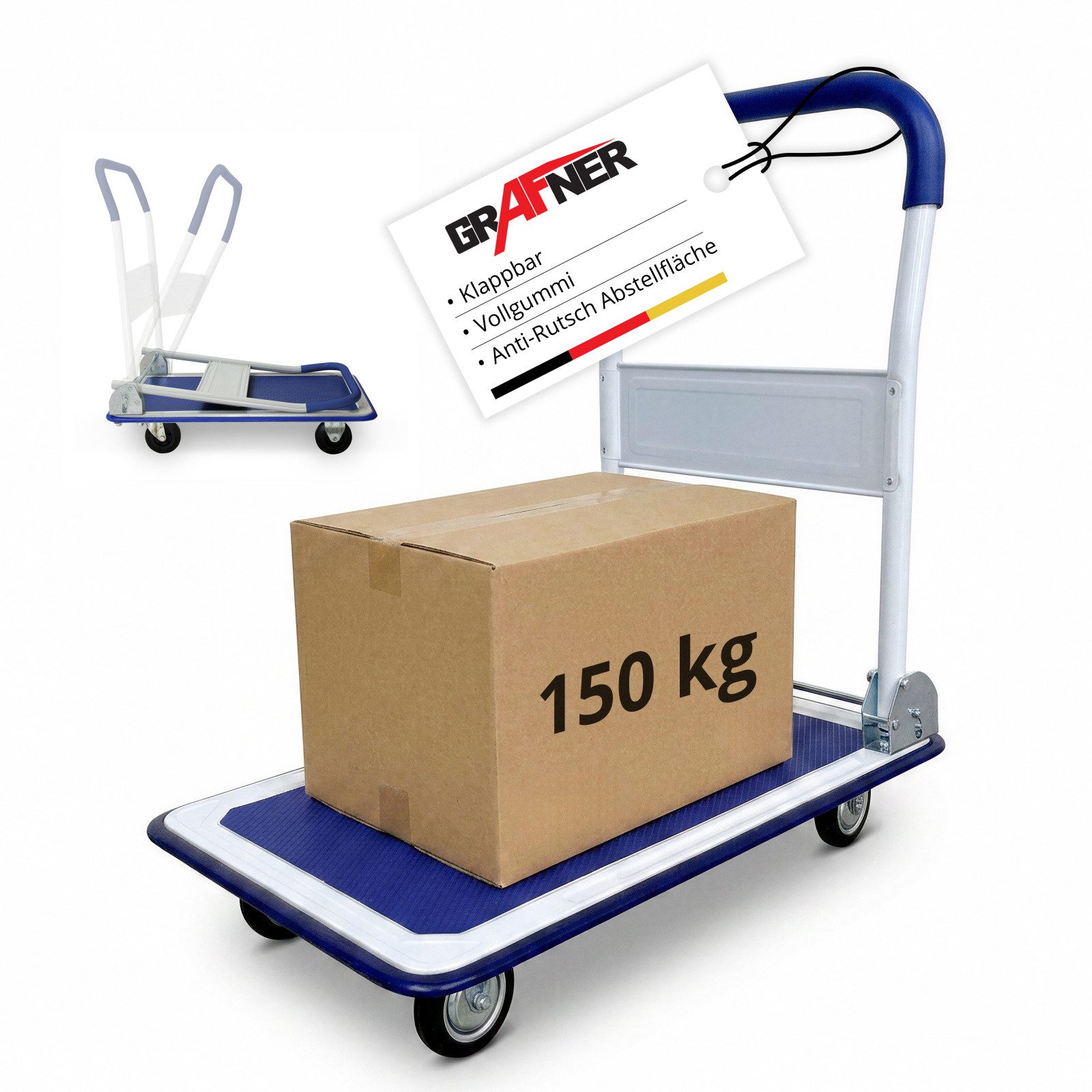Grafner Transportkarren Grafner® Plattformwagen klappbar mit Softgrip-Griff Tragkraft 150kg Tr, klappbarer Handgriff, je 2 Block- und Drehrollen