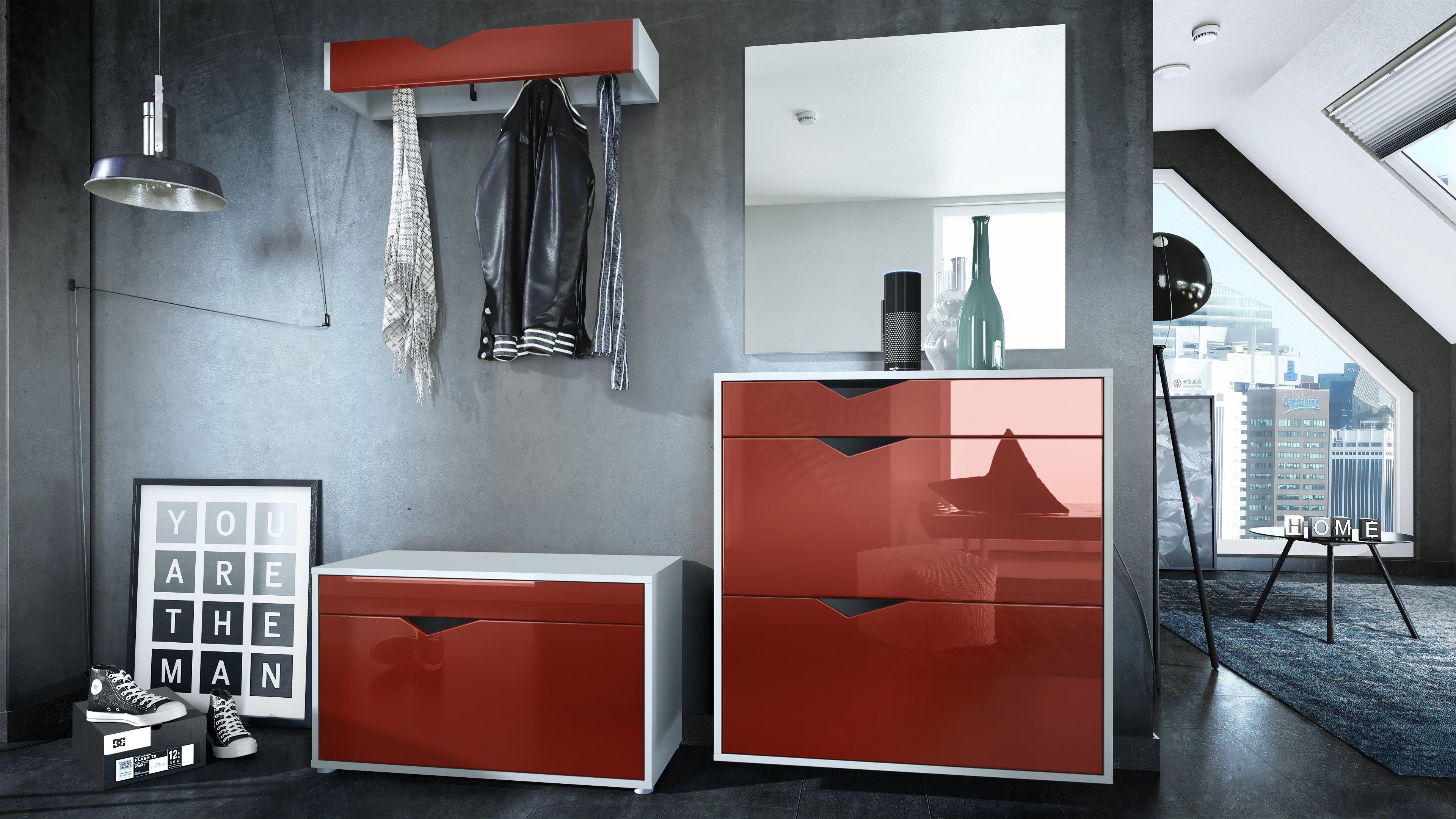 Vladon Garderoben-Set Kolmio, (Garderobenset bestehend aus 1 Schuhschrank, 1 Schuhbank, 1 Spiegel und 1 Wandgarderobe), Weiß matt/Bordeaux Hochglanz (190 x 185 x 33 cm)