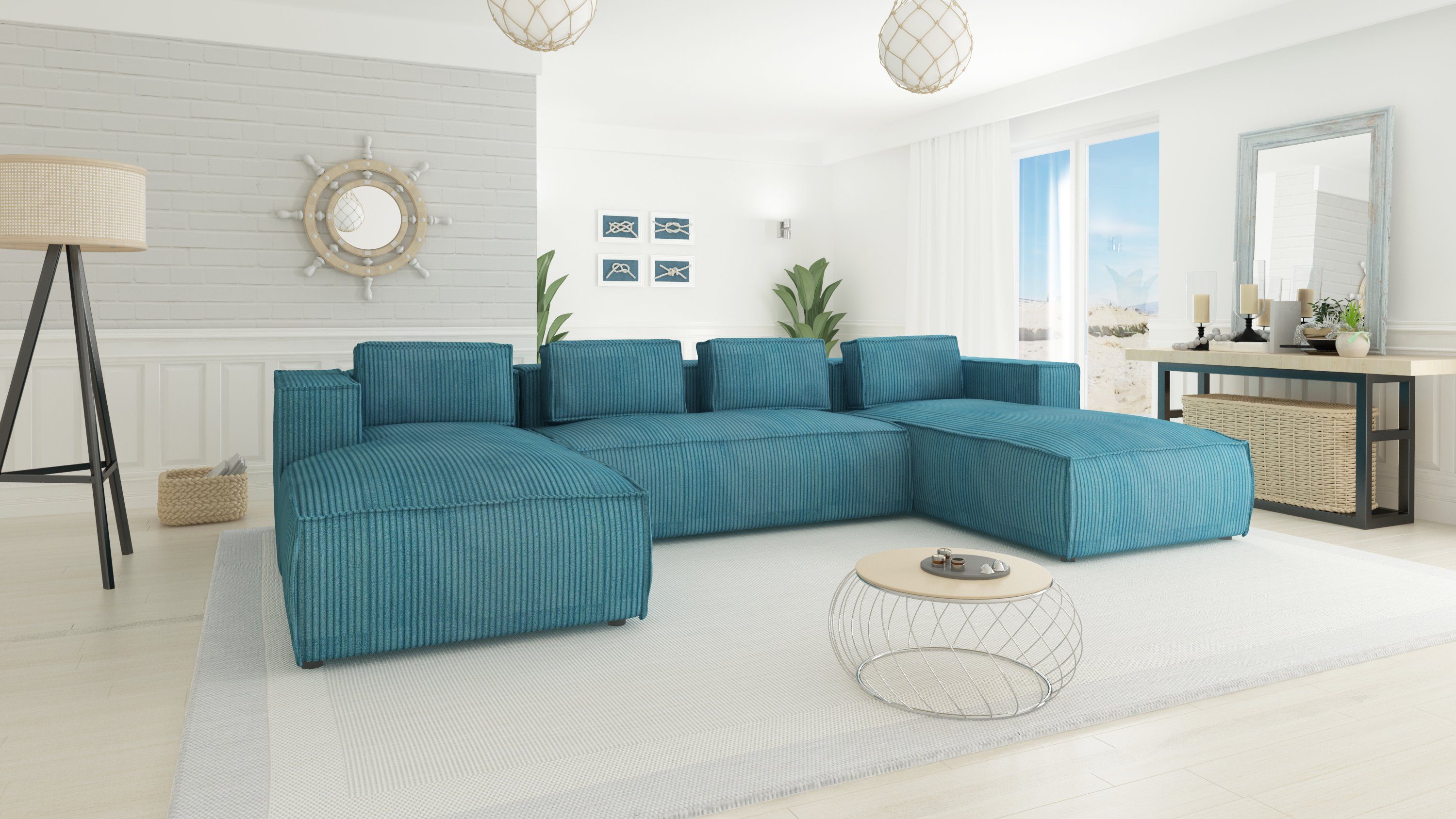 S-Style Möbel Ecksofa Cord Wohnlandschaft Renne, Die mane befindet sich auf zwei Seiten 3 Teile, mit Wellenfederung Türkis