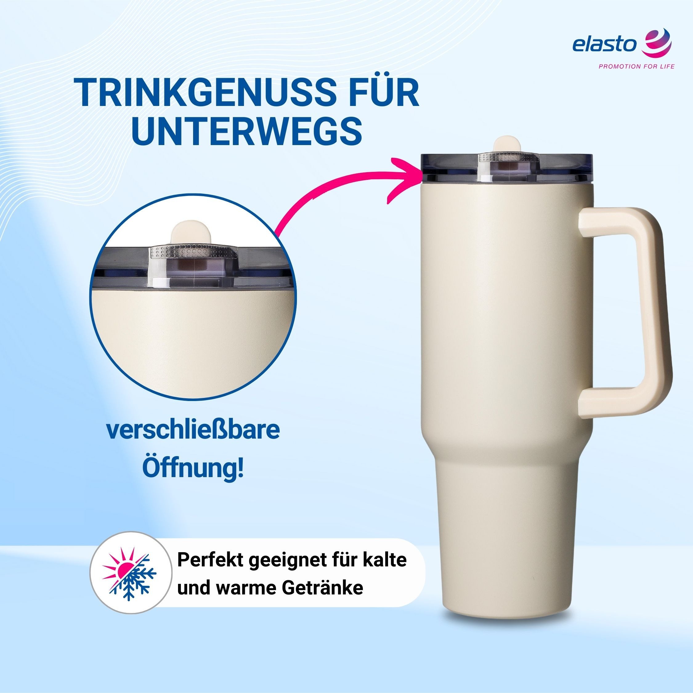 elasto Becher Edelstahl Trinkbecher mit Deckel und Strohhalm 1,2 Liter, isoliert, robust, für unterwegs