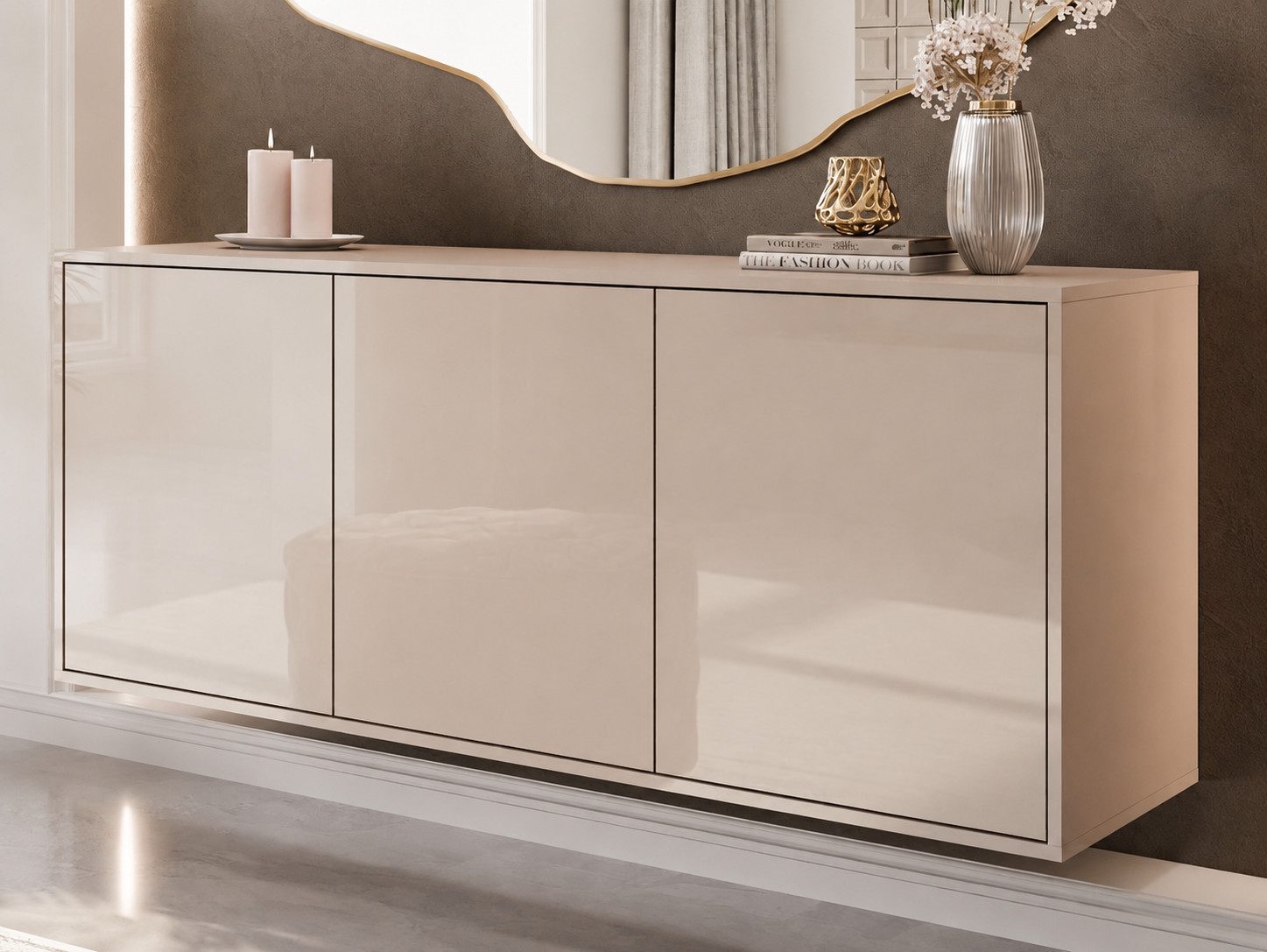 ALLHOUSE24 Kommode MANDY Dreitürige Kommode in Hochglanz Sideboard Kaschmir Weiß (1x Kommode), Breite: 154 cm