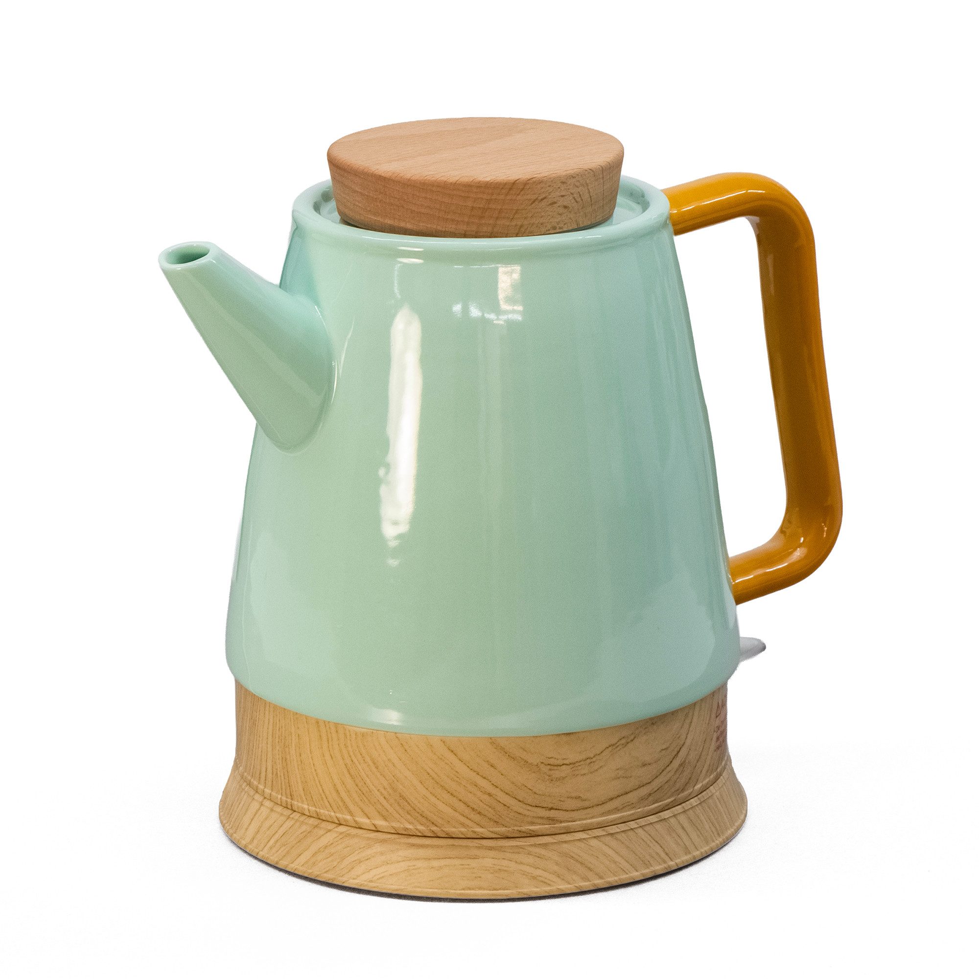 KVOTA Wasserkocher Keramik-Wasserkocher 1,5 l mint/holz mit Holzdeckel, Grün/Mint, 1.5 l, 1600 W, Holzdeckel, Glanz, smartes Design