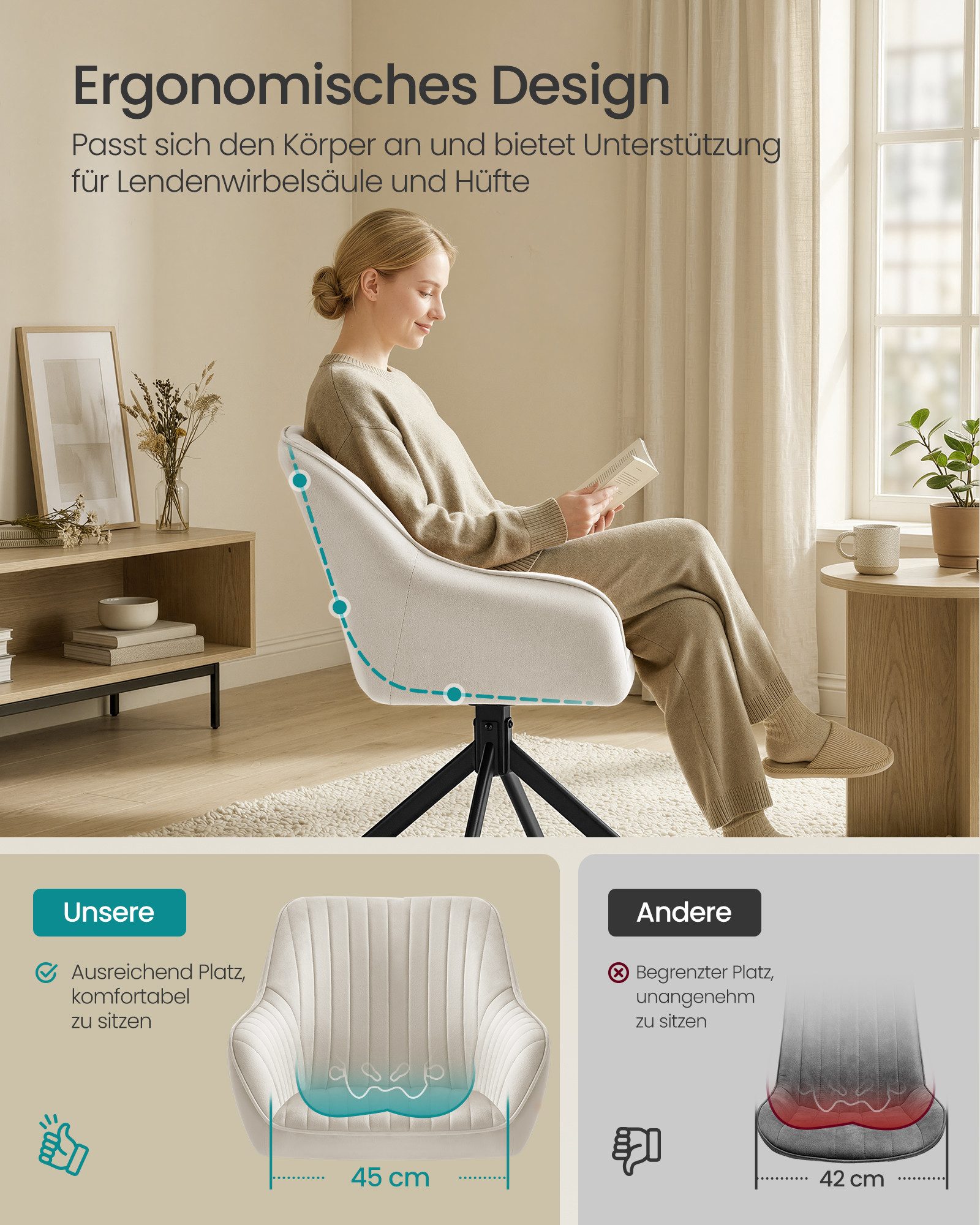 SONGMICS Esszimmerstuhl Esszimmerstuhl 360° drehbar, Küchenstuhl, Sessel drehbar, Samt (6 St), bis 120 kg belastbar, für Esszimmer, Küche, mit Armlehnen, Stahlb – Bild 3 von 5