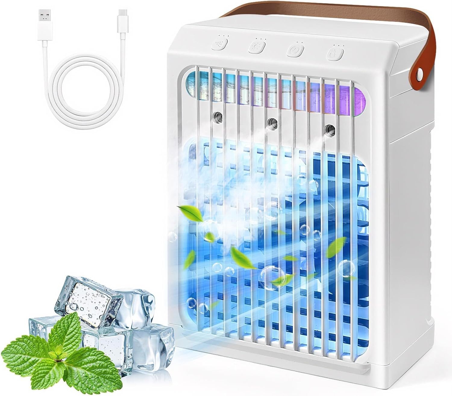 MOPUEA Ventilatorkombigerät Ventilatorkombigerät Luftkühler/Befeuchter/Ventilator Smart 4-in-1, 3 Geschwindigkeiten 7 Farben Nachtlicht Für Schlafzimmer Büro Zimmer