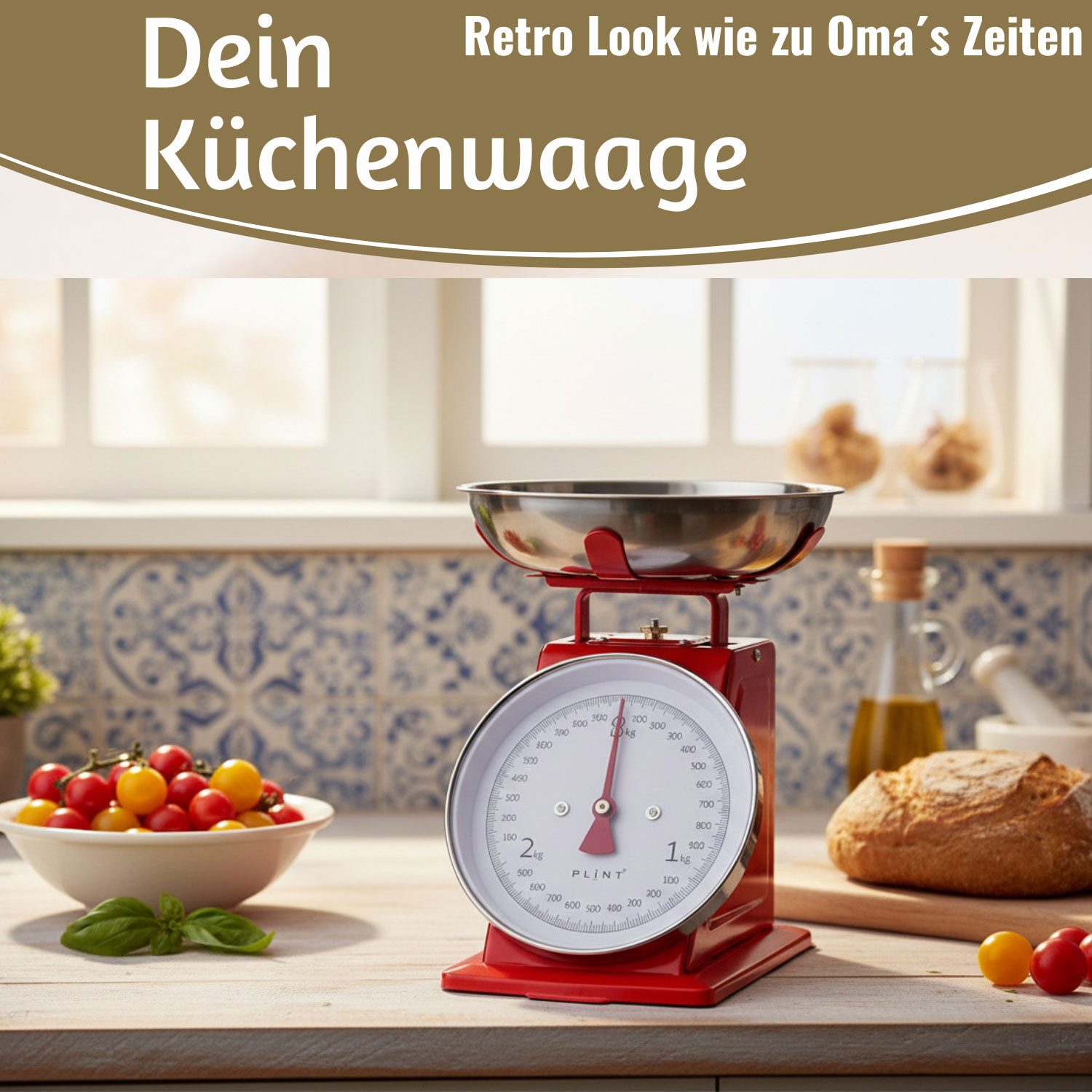 LS-LebenStil Küchenwaage Vintage Küchenwaage Retro Rot Manuelle Backwaage großes Ziffernblatt, (Manuelle Analoge Backwaage großes Ziffernblatt, 2-tlg., mit 1L Edelstahl Schüssel ohne Batterie / Strom Küche Waage), 3kg Skala mit großer Rührschüssel