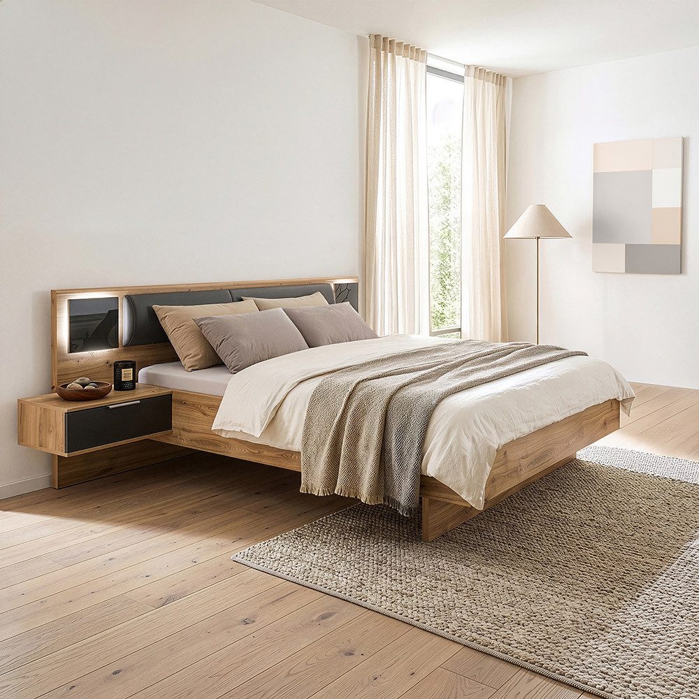 Lomadox Bett VIESTE-43, Bettanlage 160x200cm mit Nachttischen, Beleuchtung, graphit mit Eiche