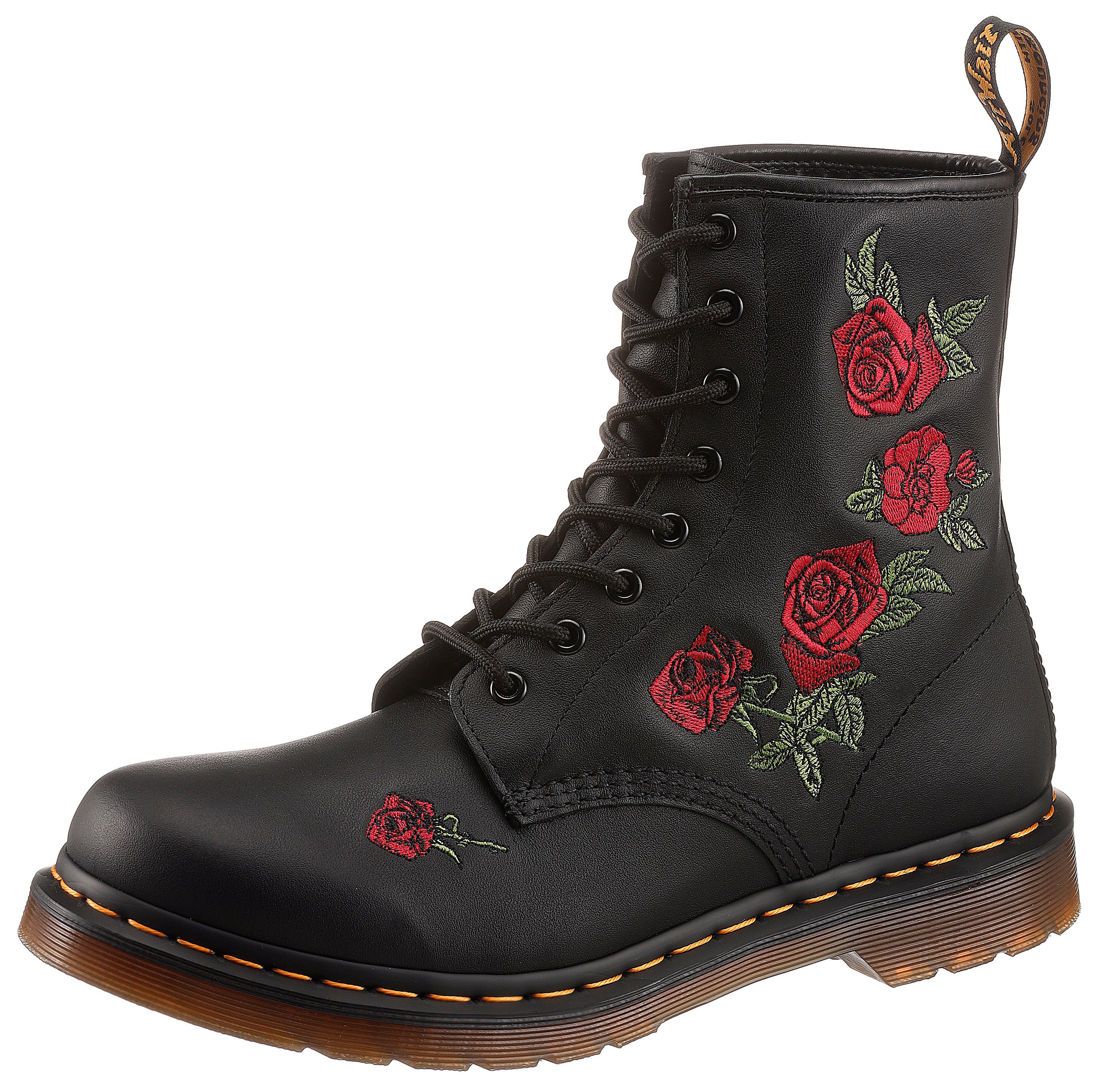 DR. MARTENS Vonda Schnürboots,Blockabsatz,Schnürschuh,Stiefelette, Blüten-Stickerei - schmale Form