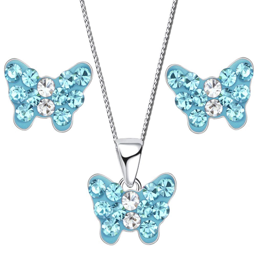 Limana Schmuckset Mini Kinder Mädchen P6 mit Silberschmuck Ohrringe Hals-Kette Schmetterling, 925 Zirkonia Set Kinderschmuck Silber Ohrringe+Kette 40+5cm Ohrstecker Sterling mit