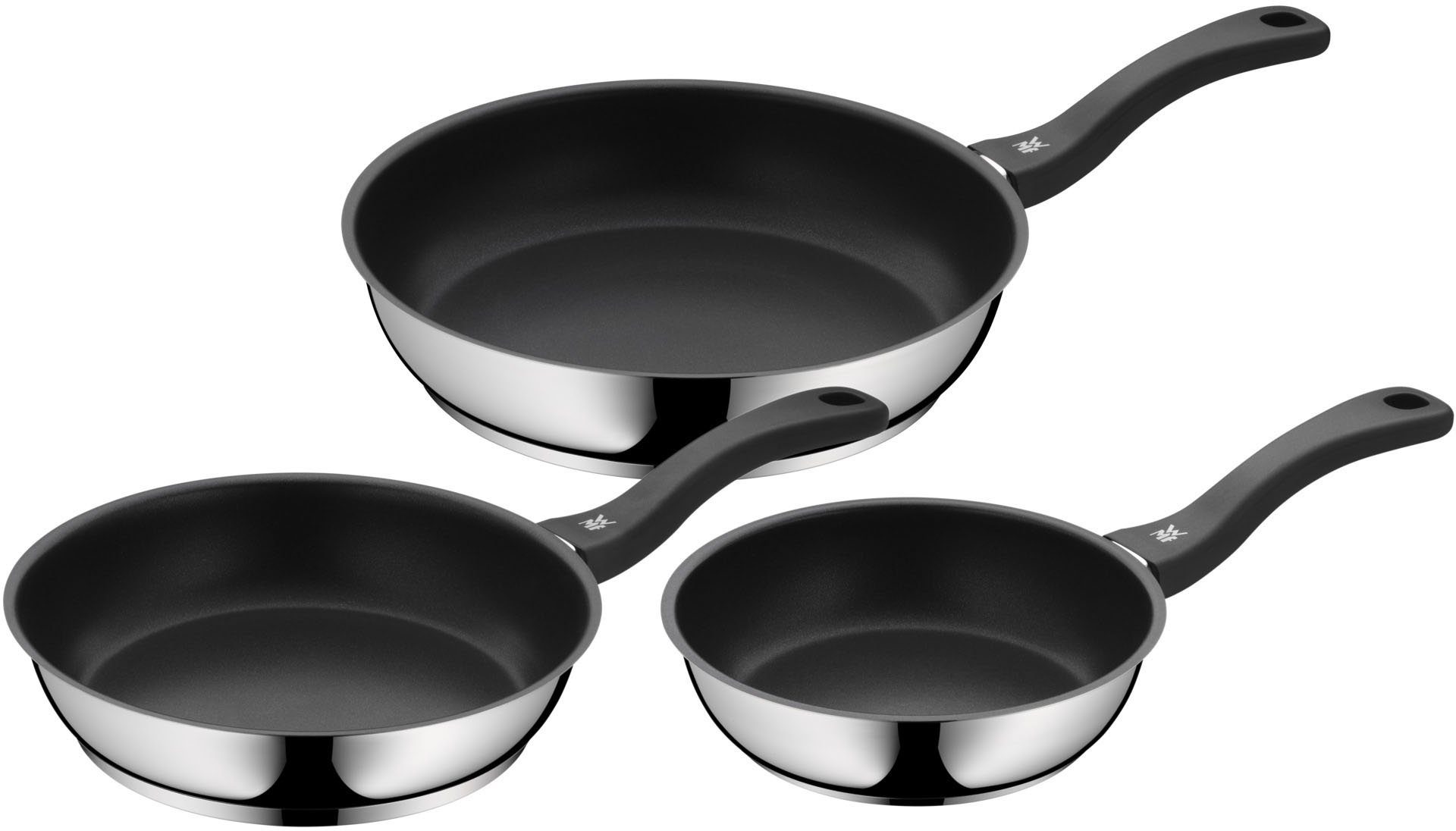 WMF Pfannen-Set Devil, Bratpfannen Induktion, leistungsstarke Antihaftversiegelung, Cromargan® Edelstahl Rostfrei 18/10 (Set, 3-tlg., 3x Pfannen Ø 20/24/28 cm), für alle Herdarten geeignet, ergonomischer Kunststoffgriff