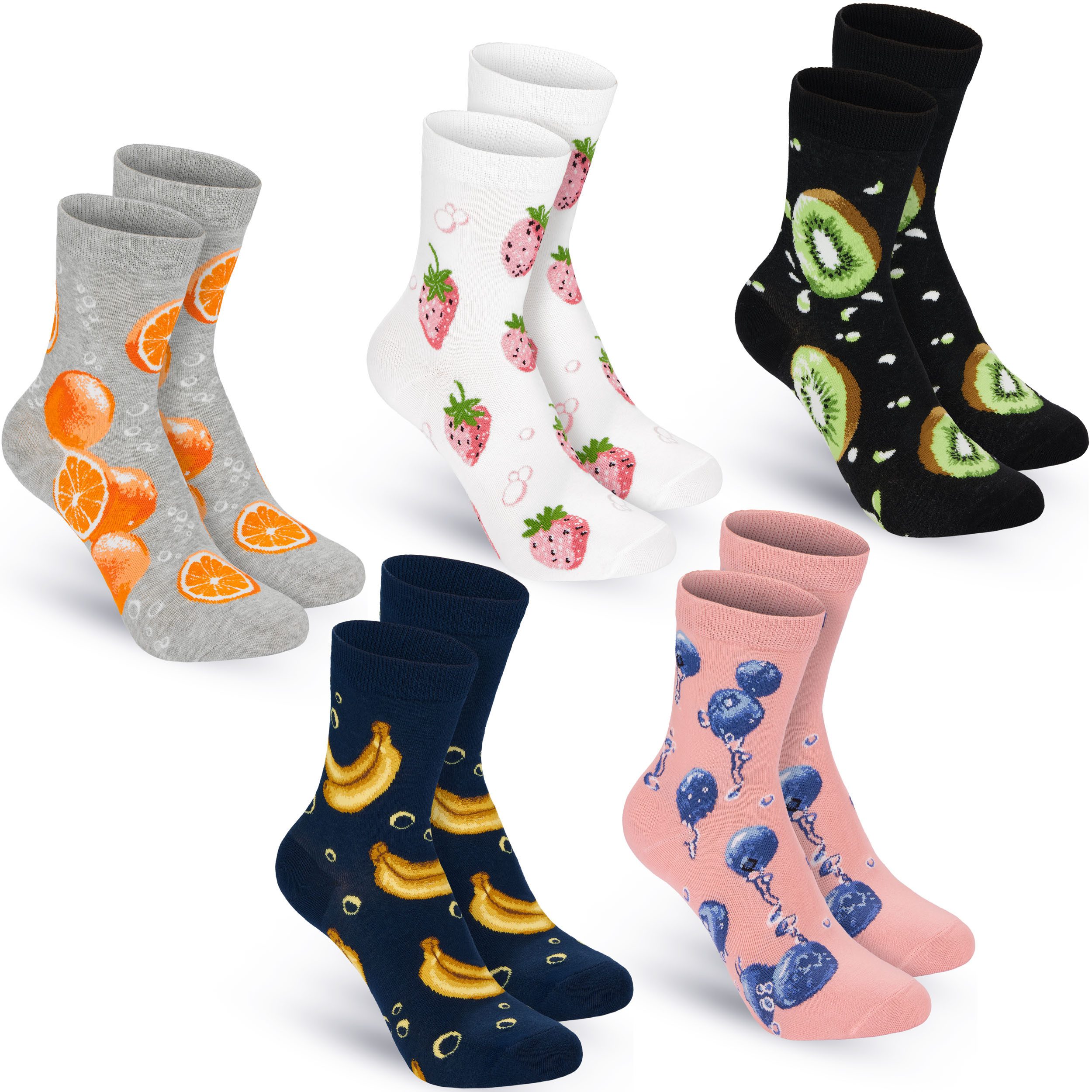 BRUBAKER Socken Lustige Damen Früchtesocken - Bunter Obst Mix (Geschenkset für Frauen, 5-Paar, Witzige Kuschelsocken mit Fruchtmotiven) Damensocken Set mit Blaubeeren, Kiwis, Bananen, Erdbeeren & Orangen