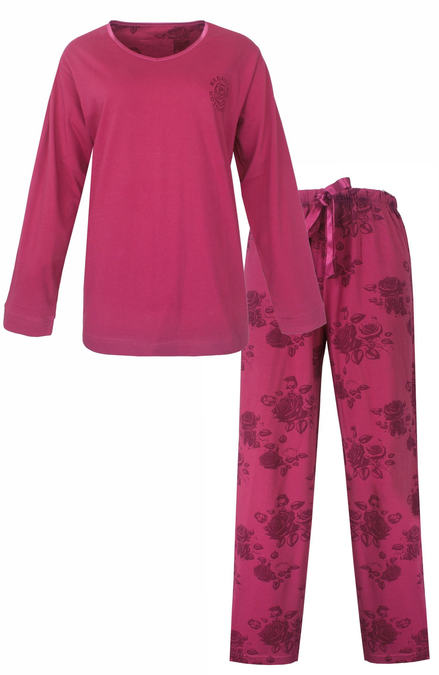 Medaillon Schlafanzug Damen Pyjama Langarm Blumen (2 tlg) Baumwolle