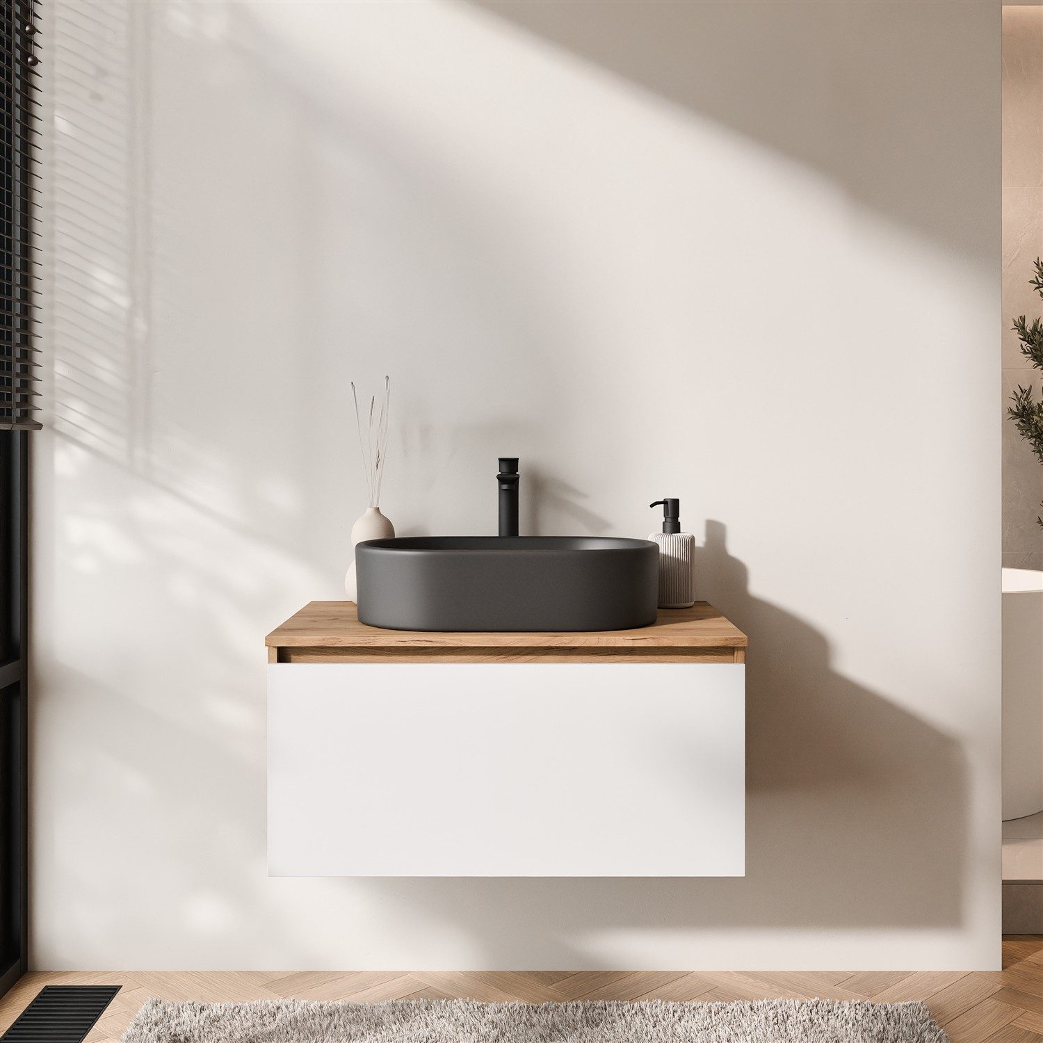 Planetmöbel Waschtisch-Set Arisa Badezimmer Waschtisch mit Waschbecken, Badmöbel 80cm breit, (Waschtischunterschrank hängend für Gäste WC & Bad, weiß, Badmöbel Set mit Waschbecken 55 cm schwarz), Schublade mit Soft-Close Funktion