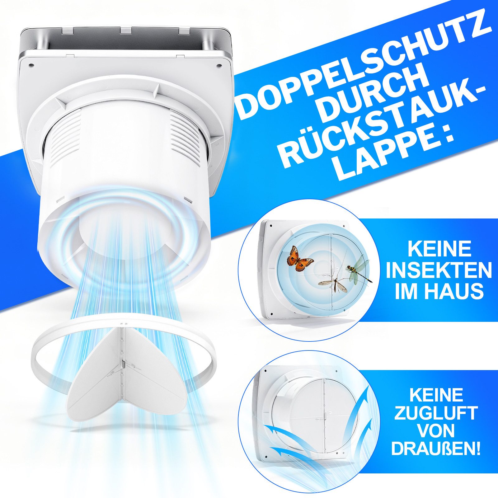 XERSEK Badlüfter 6" Wandventilator Leiser Abluftventilator mit Feuchtesensor Nachlauf, 18W 240m³/h Feuchteschutz Lüfter inkl.Rückstauklappe Selbststart