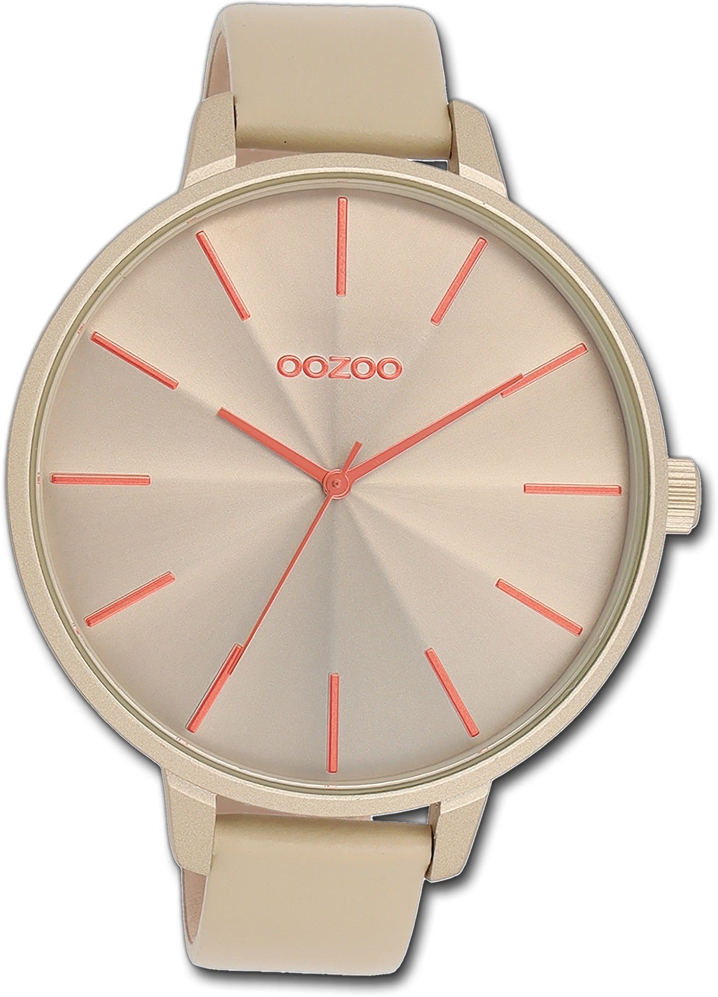 OOZOO Quarzuhr Oozoo Damen Armbanduhr Timepieces, (Analoguhr), Damenuhr Lederarmband khaki, rundes Gehäuse, extra groß (ca. 48mm)
