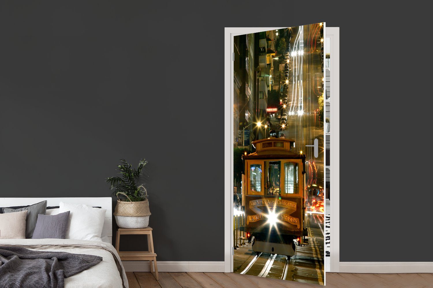 bedruckt, Francisco Nacht, Türtapete Straßenbahn (1 Tür, für 75x205 cm Fototapete Matt, MuchoWow in St), San Türaufkleber, bei