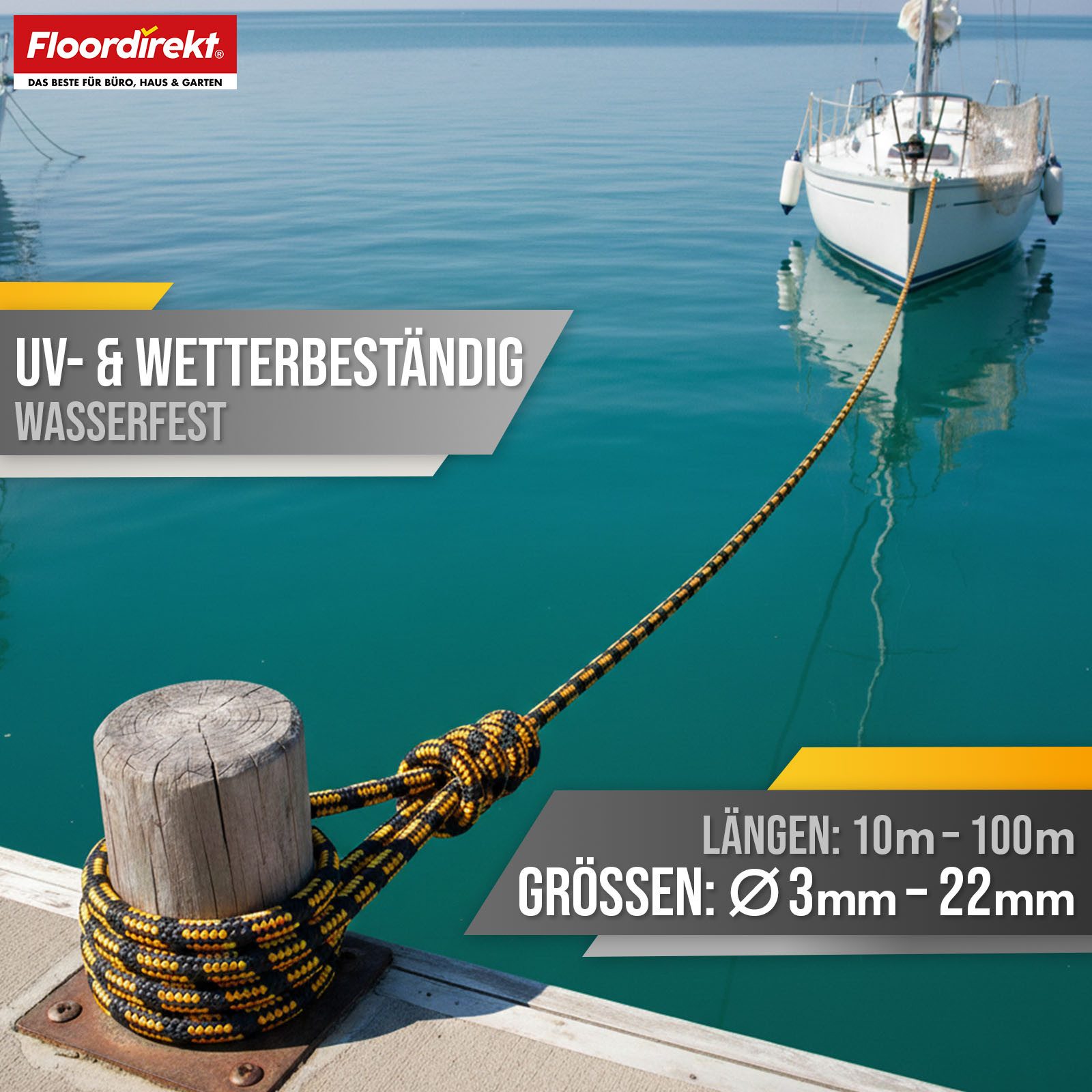Floordirekt Seil Polypropylen-Seil K2, 3-22 mm, reißfestes UV beständiges Allzweckseil, schwimmfähig für Outdoor, Boot, Camping & Garten in vielen Varianten