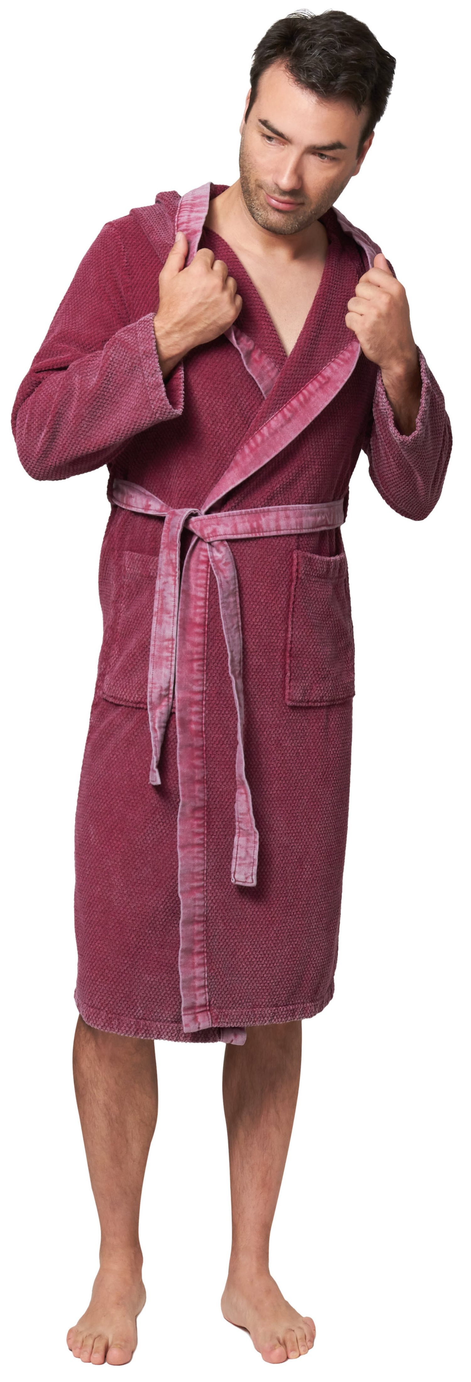 Lasa Home Unisex-Bademantel, Baumwolle, Kapuze, Gürtel, Stone wasehd