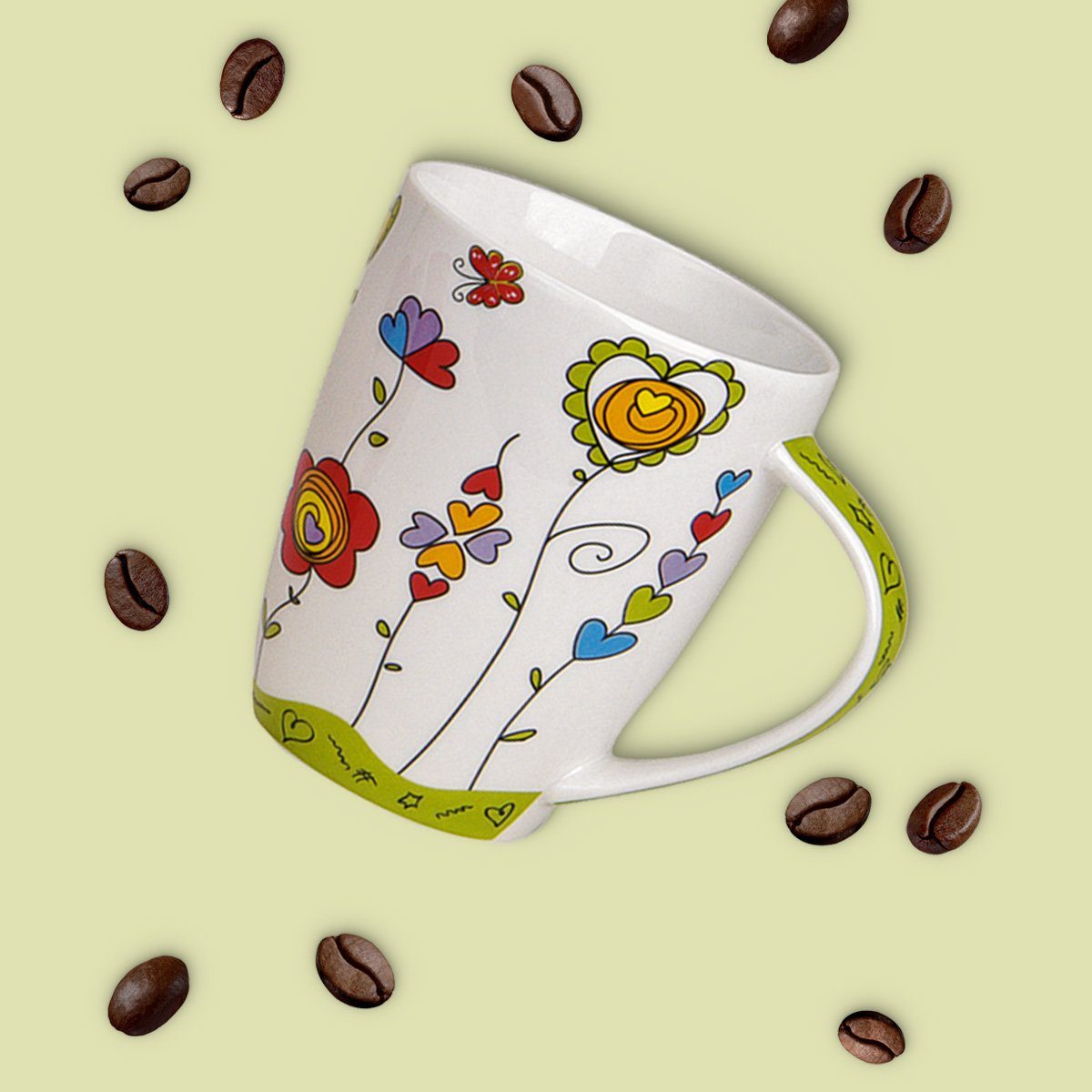 matches21 HOME & HOBBY Tasse Kaffeetassen 6er Set Blumen Herzen Frühling Sommer, 6-tlg., Porzellan, Tee Kaffee-Becher, modern, blau grün rot bunt, 300 ml – Bild 5 von 5