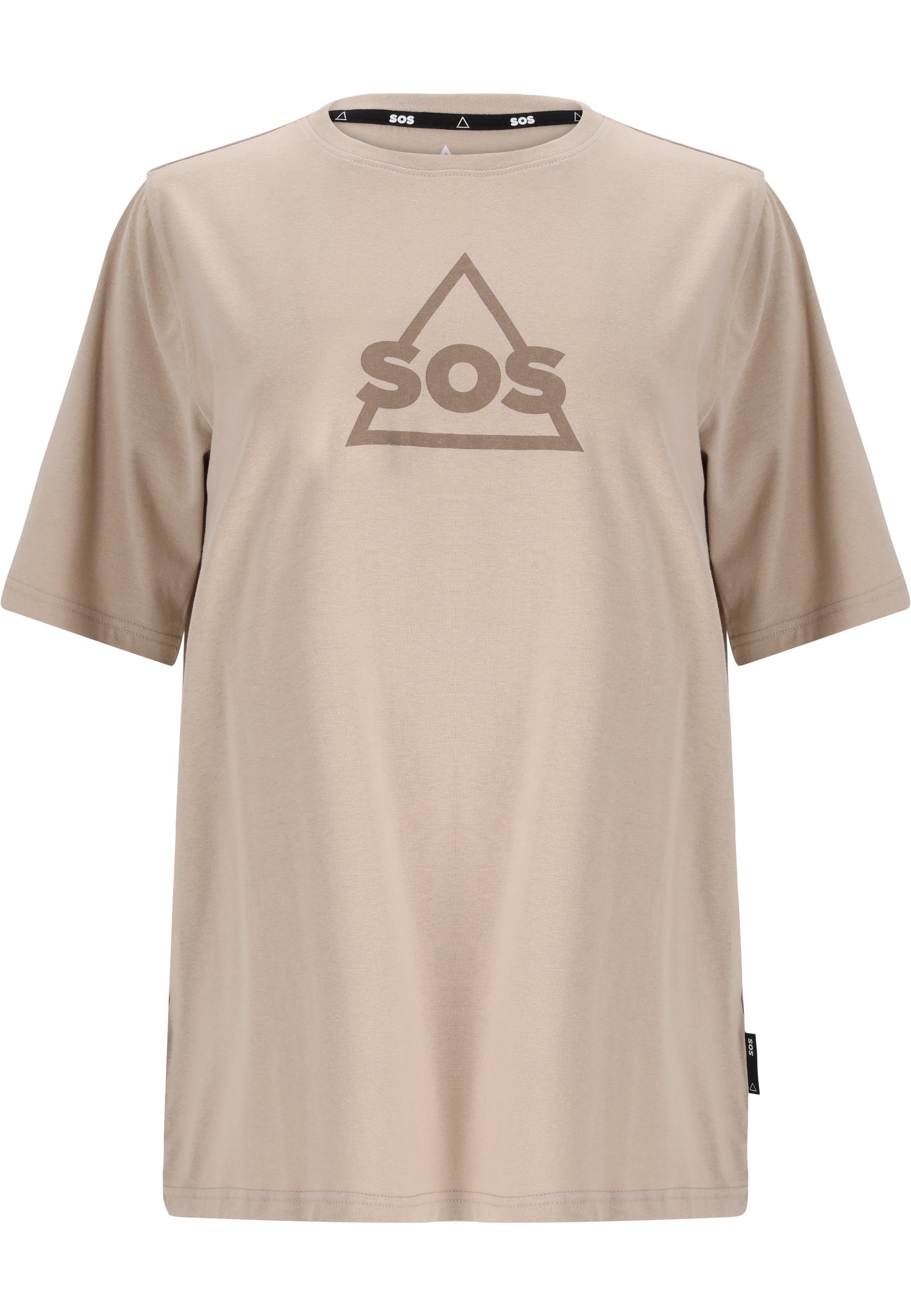 SOS Markenlogo auf taupe Funktionsshirt Front mit trendigem Kvitfjell der