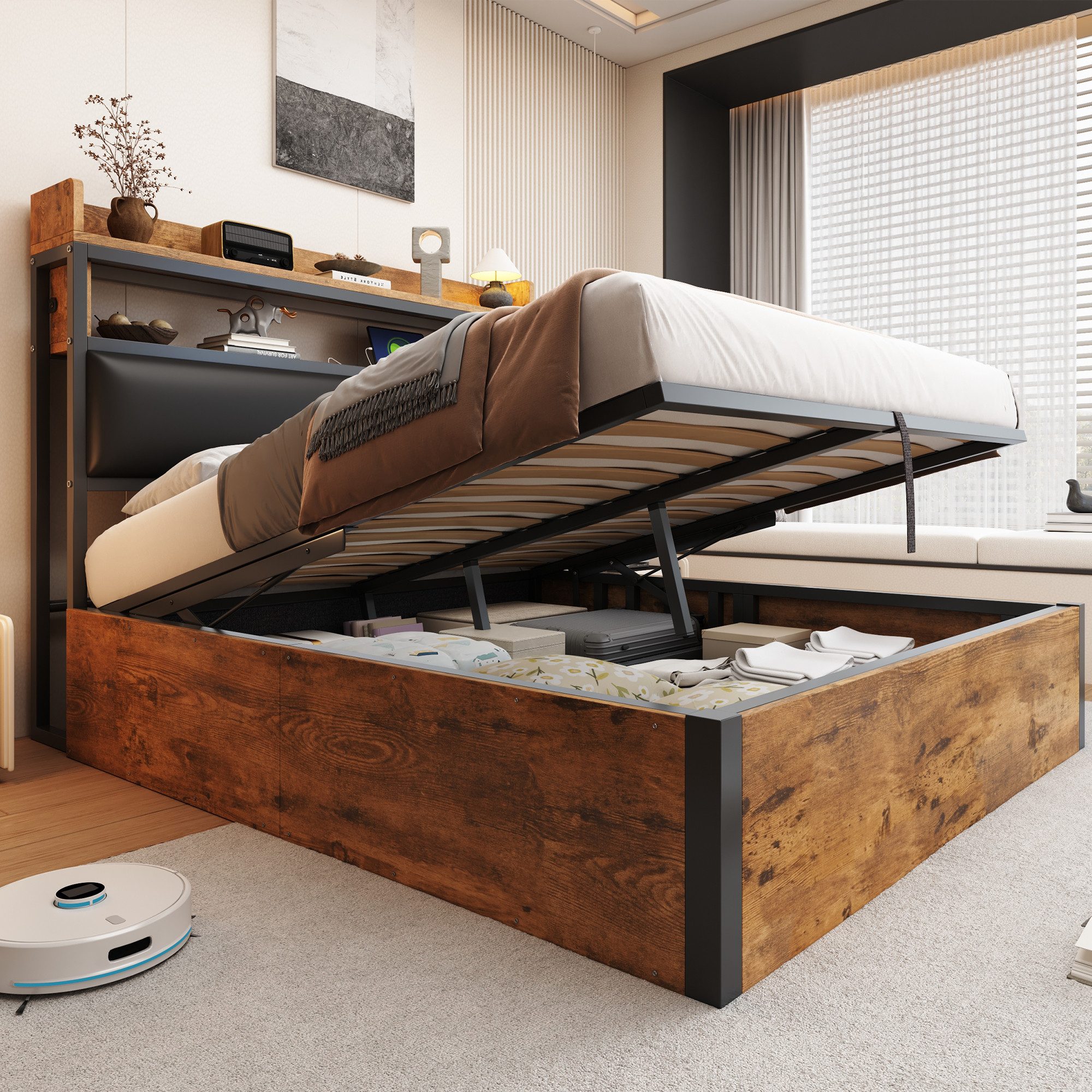 Flieks Holzbett, Hydraulisches Stauraumbett Metallbett Doppelbett 140x200cm günstig online kaufen