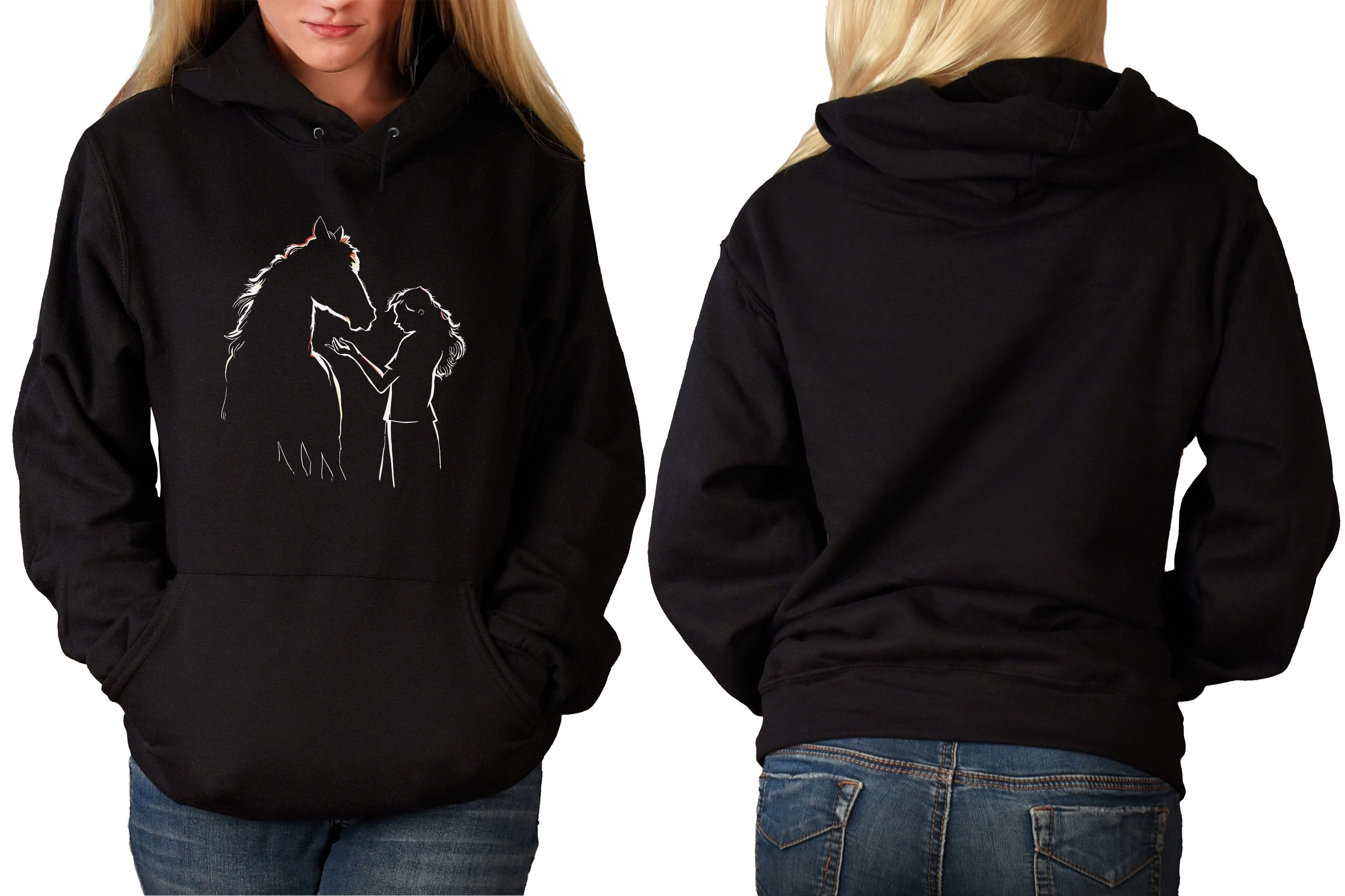 MyDesign24 Hoodie Pferde Kapuzen Pulli - Pferd mit Frau Silhouette Herren und Damen Kapuzensweater mit Pferde Print i139 – Bild 4 von 5