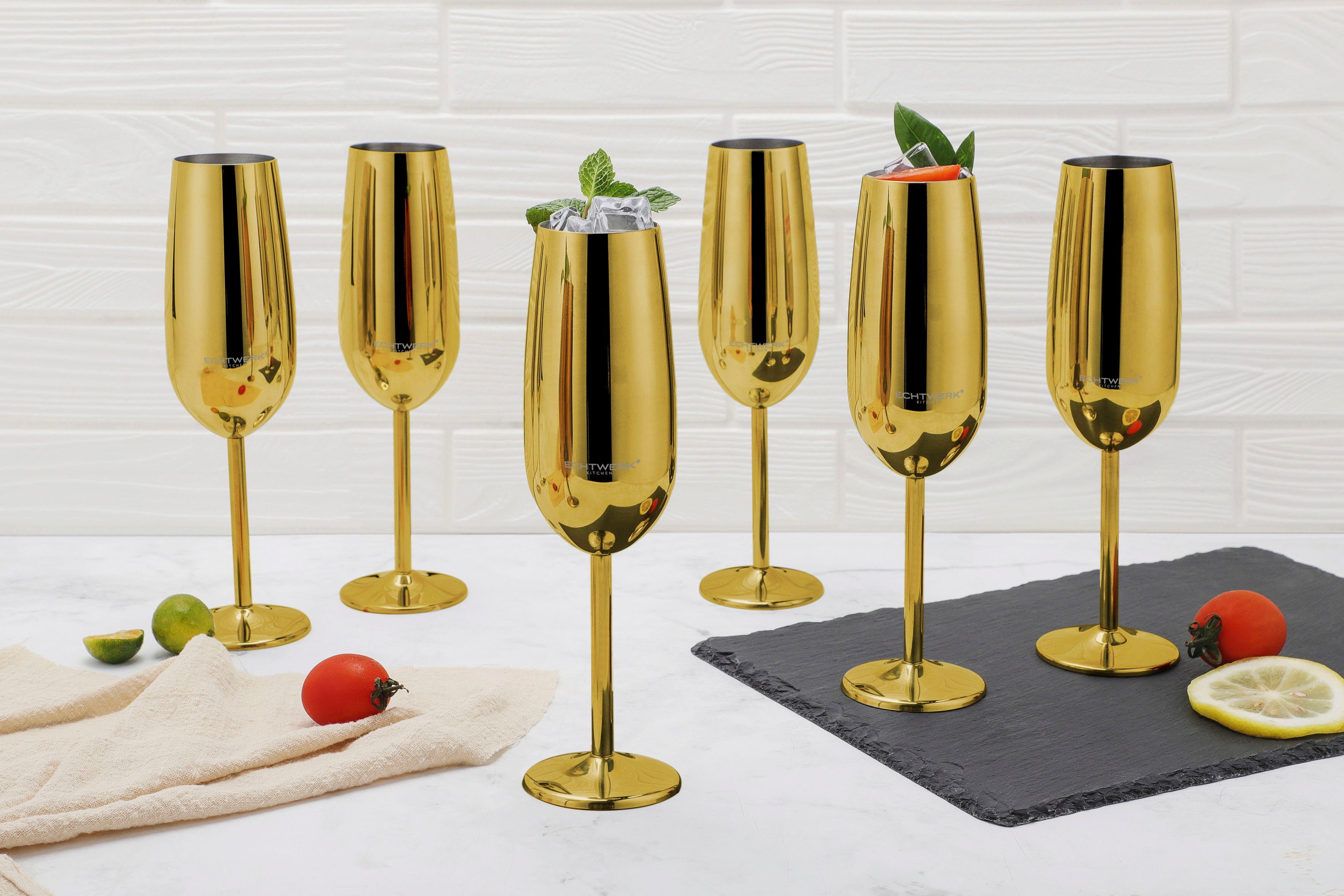 ECHTWERK Champagnerglas, 6-tlg., Edelstahl, Sektglas, Sektkelch, Champagnerkelch, bruchsicher, 250 ml