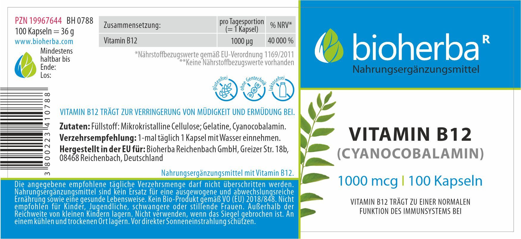 BIOHERBA R Bioherba Vitamin B12 (Cyanocobalamin) 500 mcg 100 Kapseln Tropfen, 1 er