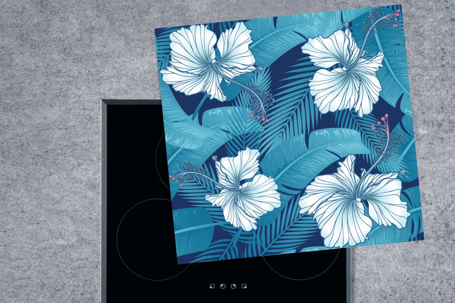 MuchoWow Herdblende-/Abdeckplatte Tropisch - Blumen Blau, küche (1 tlg), - Vinyl, cm, Ceranfeldabdeckung, für Arbeitsplatte 78x78