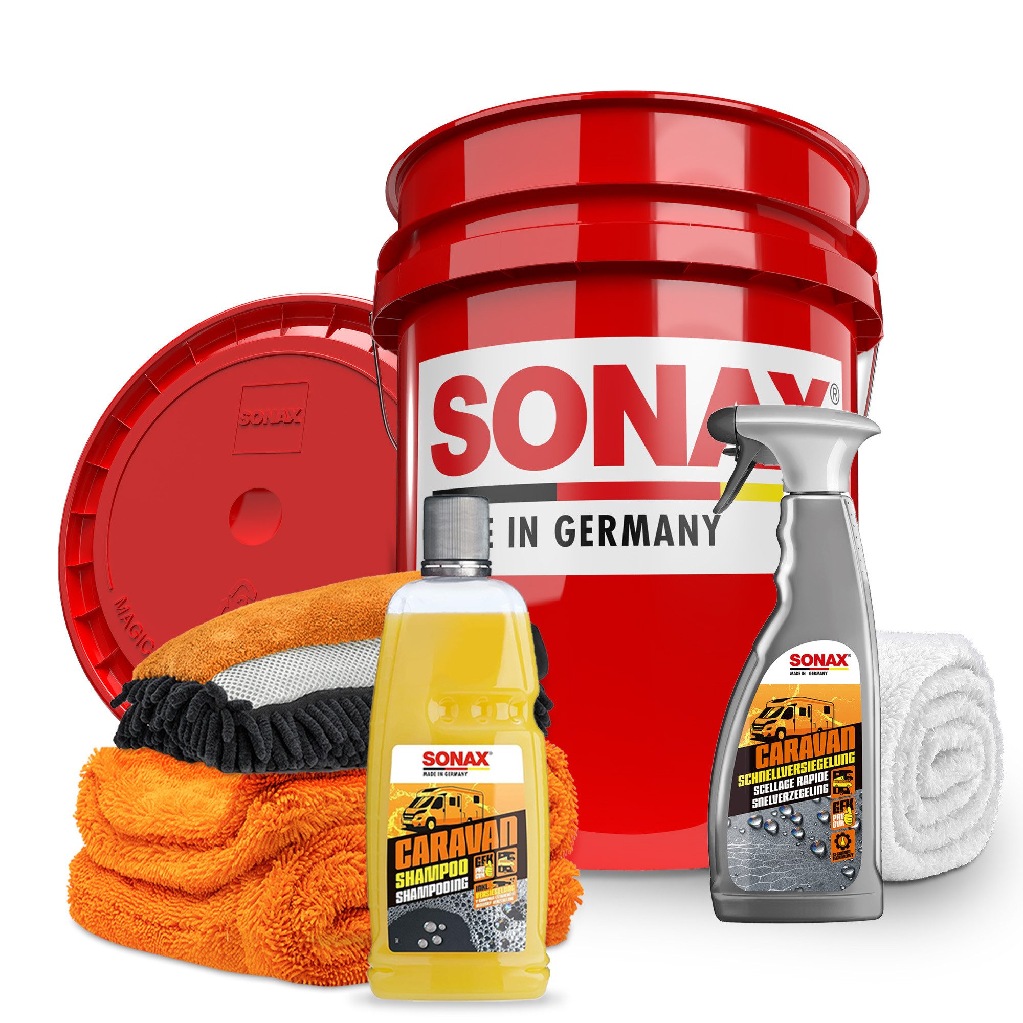 Sonax Reinigungs-Set SONAX Caravan Sets, inkl. Waschhandschuh, Trockentuch, Wascheimer, Schnellversiegelung