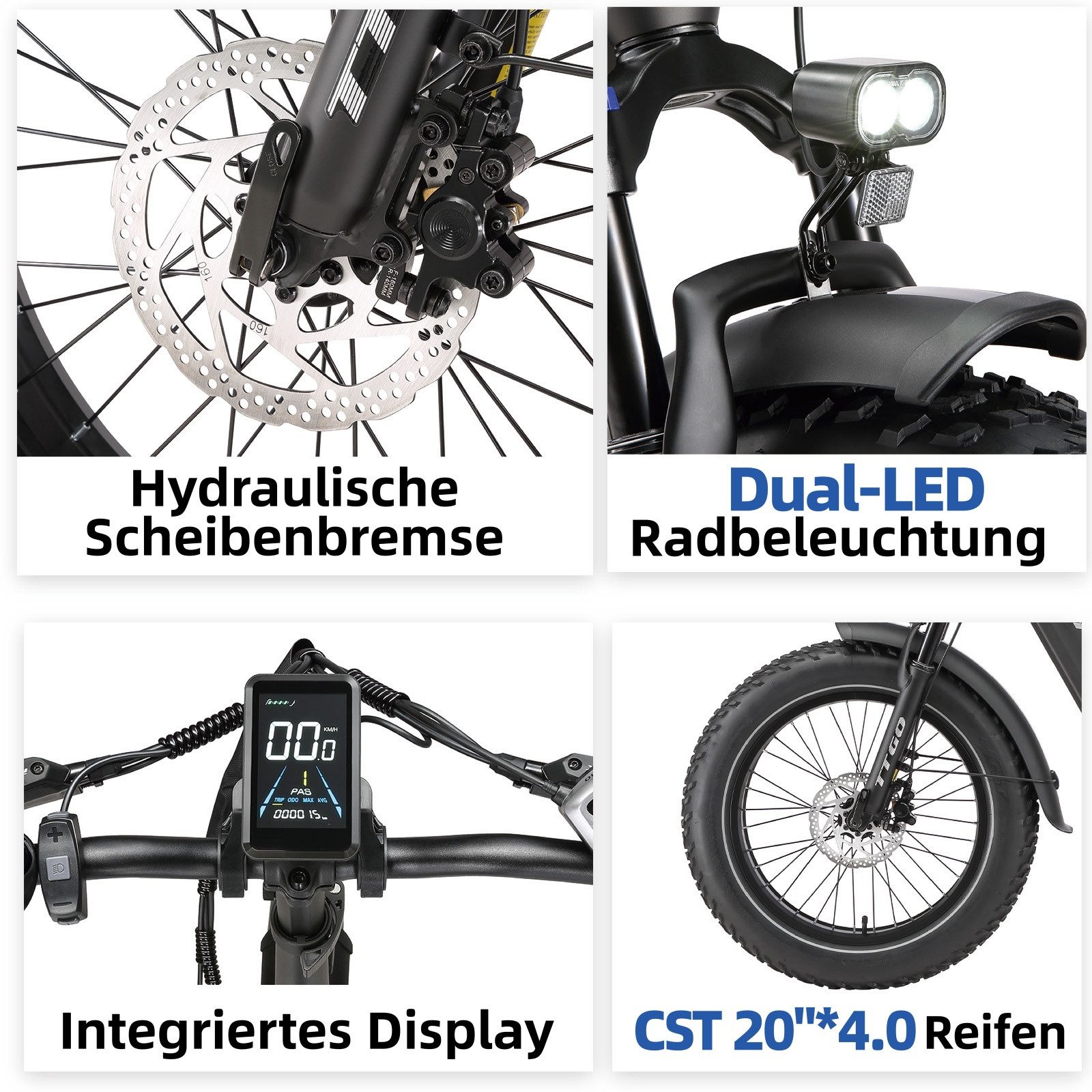 Vankel E-Bike Klapprad 20x4 Zoll, 70Nm, 860Wh, 140km, Drehmomentsensor, max. 150kg, 7 Gang SHIMANO, Kettenschaltung, Heckmotor, 870 Wh, (klappbar, LCD-Farbdispl – Bild 3 von 5