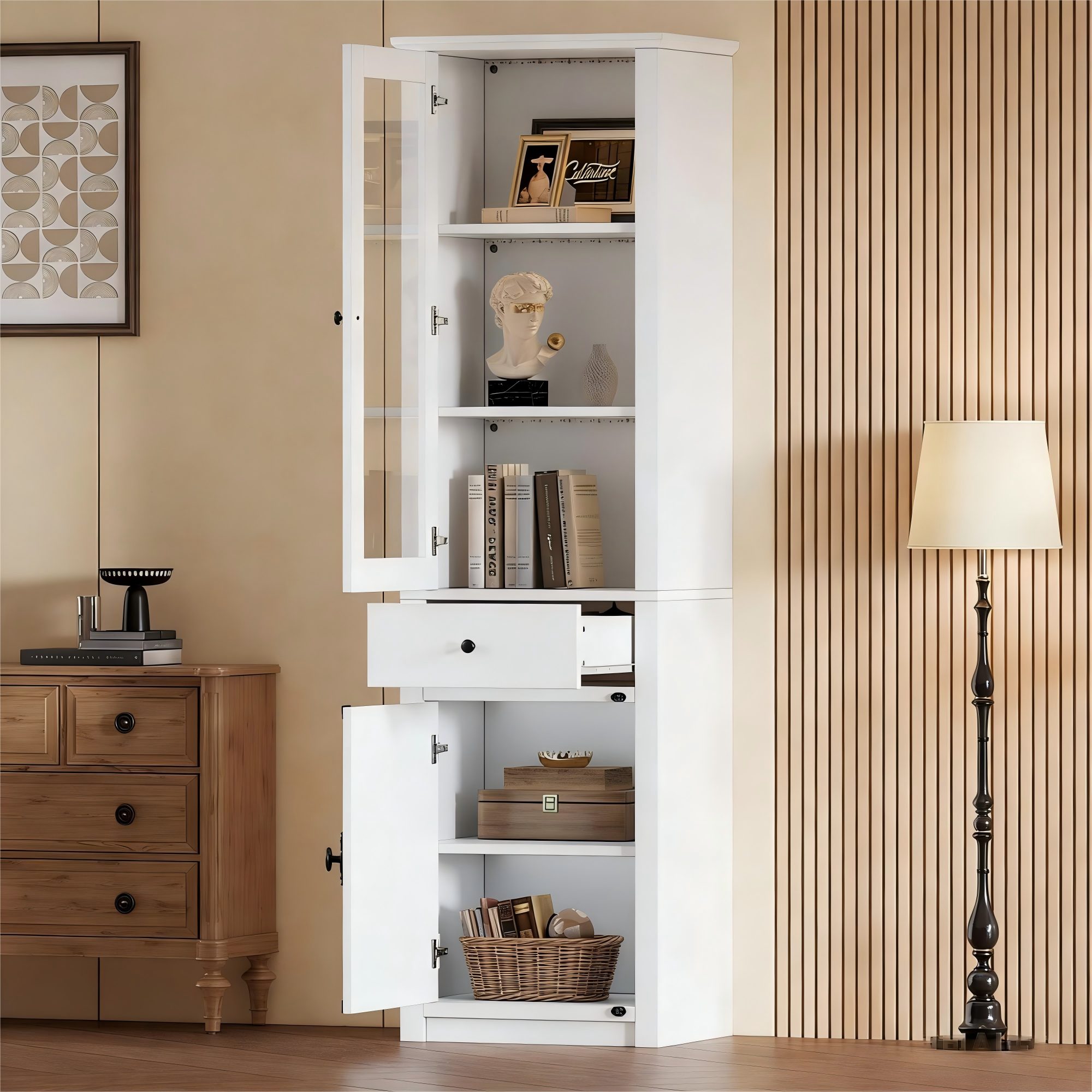 Merax Glasvitrine mit LED, Vitrine schmal Hochschrank (Wohnzimmerschrank, Bücherregal, Aufbewahrungsschrank, 1-St., 40x55x200cm) Standvitrine mit 3 Glasböden, 1 Glastüren, 1 Holztür und Schublade