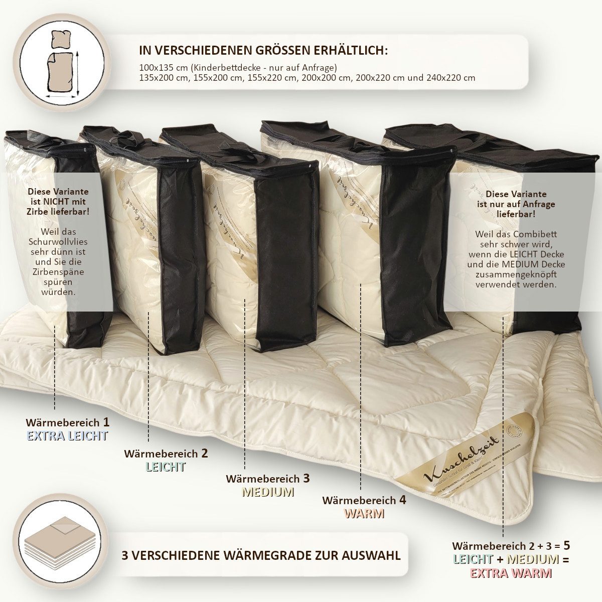 Meivita Naturhaarbettdecke Merino Schafschurwolle Zirbe Ganzjahresdecke, Füllung: 100% Wolle (mit Zirbespänen), Bezug: 100% Baumwolle, Bettdecke Hergestellt in Deutschland