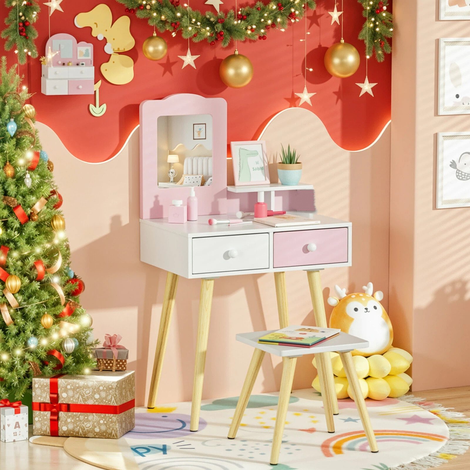 TLGREEN Schminktisch, 2-in-1 Kinderschminktisch mit Spiegel und Hocker (Spielkosmetiktisch aus Holzdesign, multifunktional als Schreibtisch & Maltisch), pink-weiße Kinderzimmer-Kommode mit Stauraum und Kippsicherung