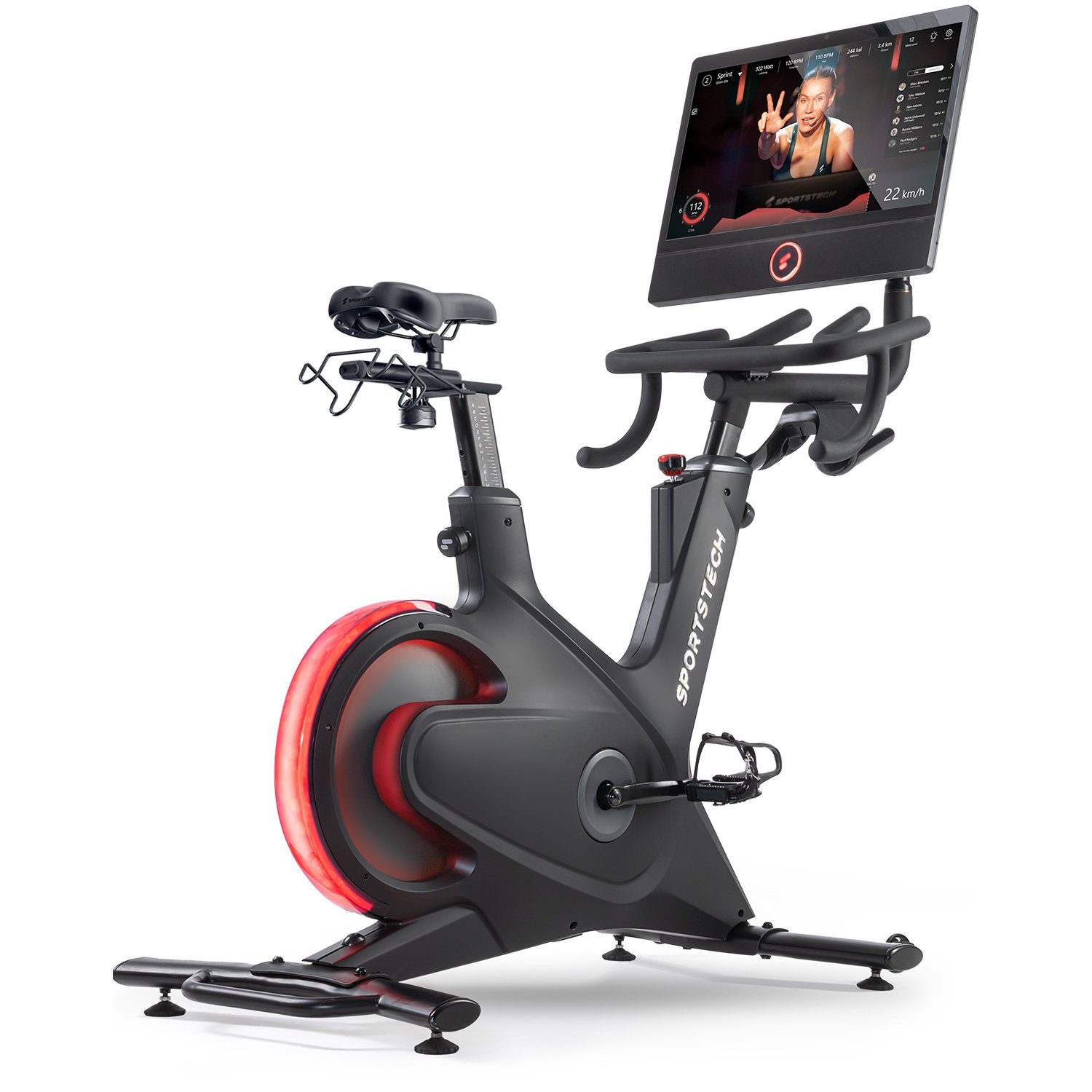 Sportstech Speedbike sBike (Speedbike Heimtrainer Sportstech Fitness Bike für Zuhause), Smart Indoor Cycling Bike, 21,5“ Touch Display Live & On Demand Kurse