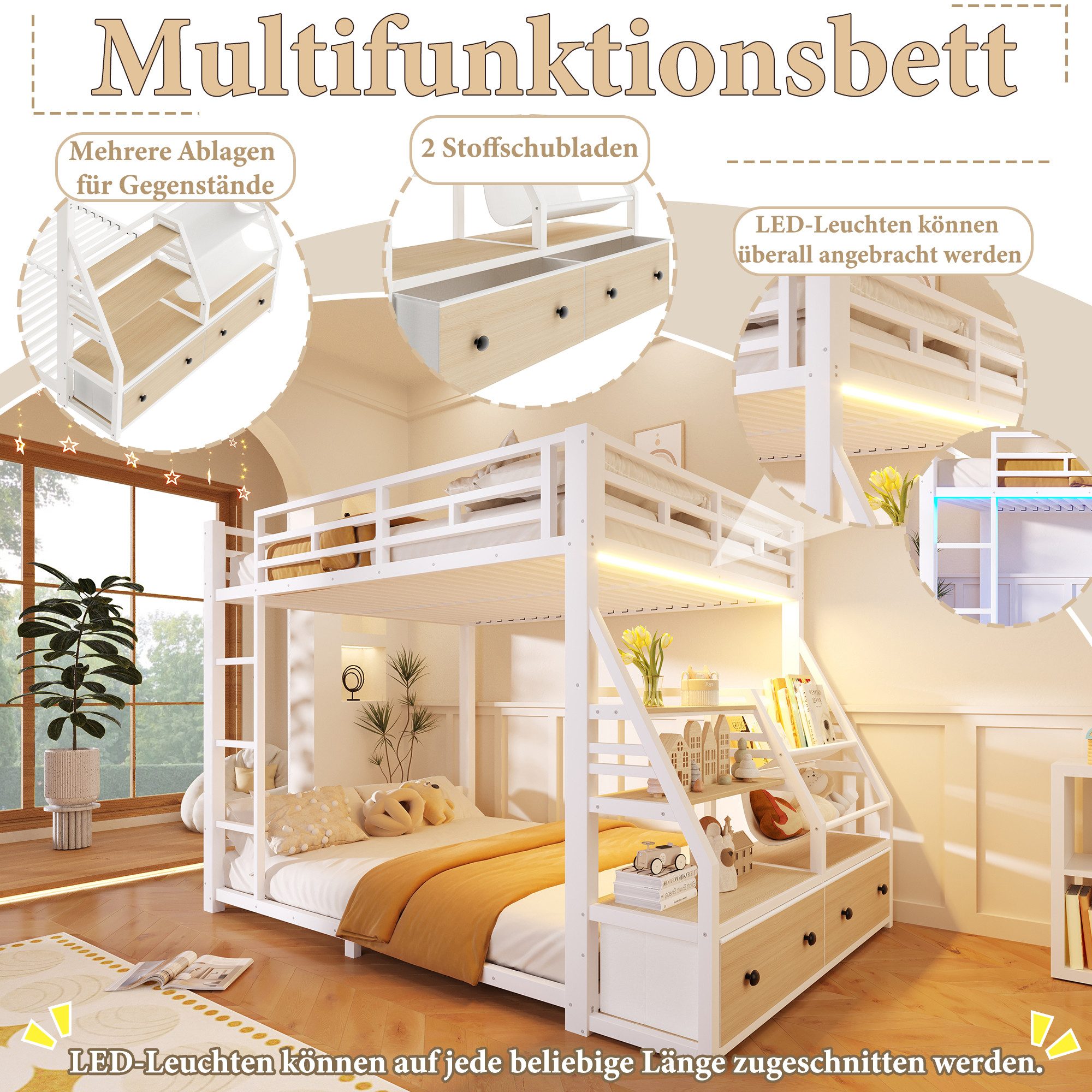 Merax Etagenbett mit LED-Beleuchtung, Metallbett (Jugendbett Stockbett Doppelbett, 1-St), Kinderbett 140x200cm mit Stoffschubladen Ablagefächern Leiter Geländer – Bild 4 von 5