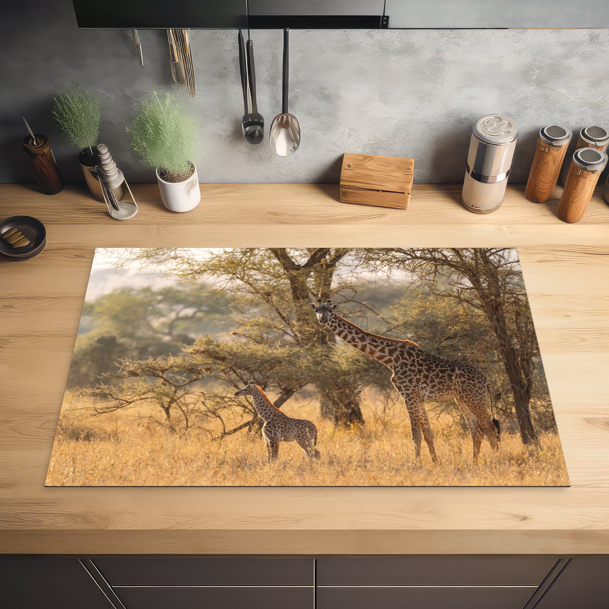 cm, die Induktionskochfeld Gras Giraffe Ceranfeldabdeckung für MuchoWow Schutz 81x52 Vinyl, - - tlg), (1 Kalb - küche, Afrika, Herdblende-/Abdeckplatte