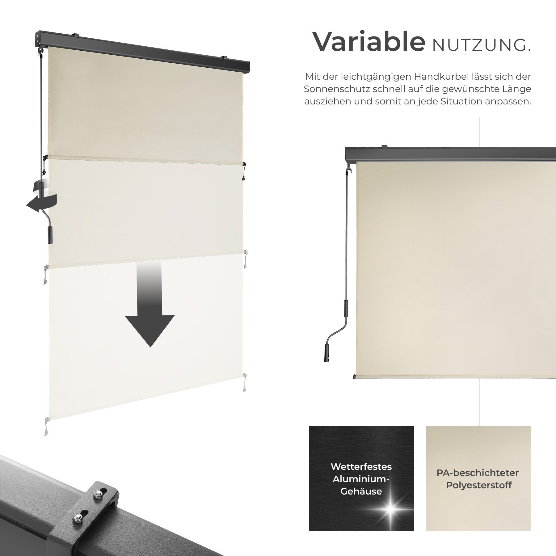 tectake Seitenarmmarkise Sichtschutz Garten mit Wandhalterung, UV-beständig und (Balkonmarkise Eloise, in beige) pulverbeschichtetes Aluminiumgehäuse, leichtgängige Handkurbel